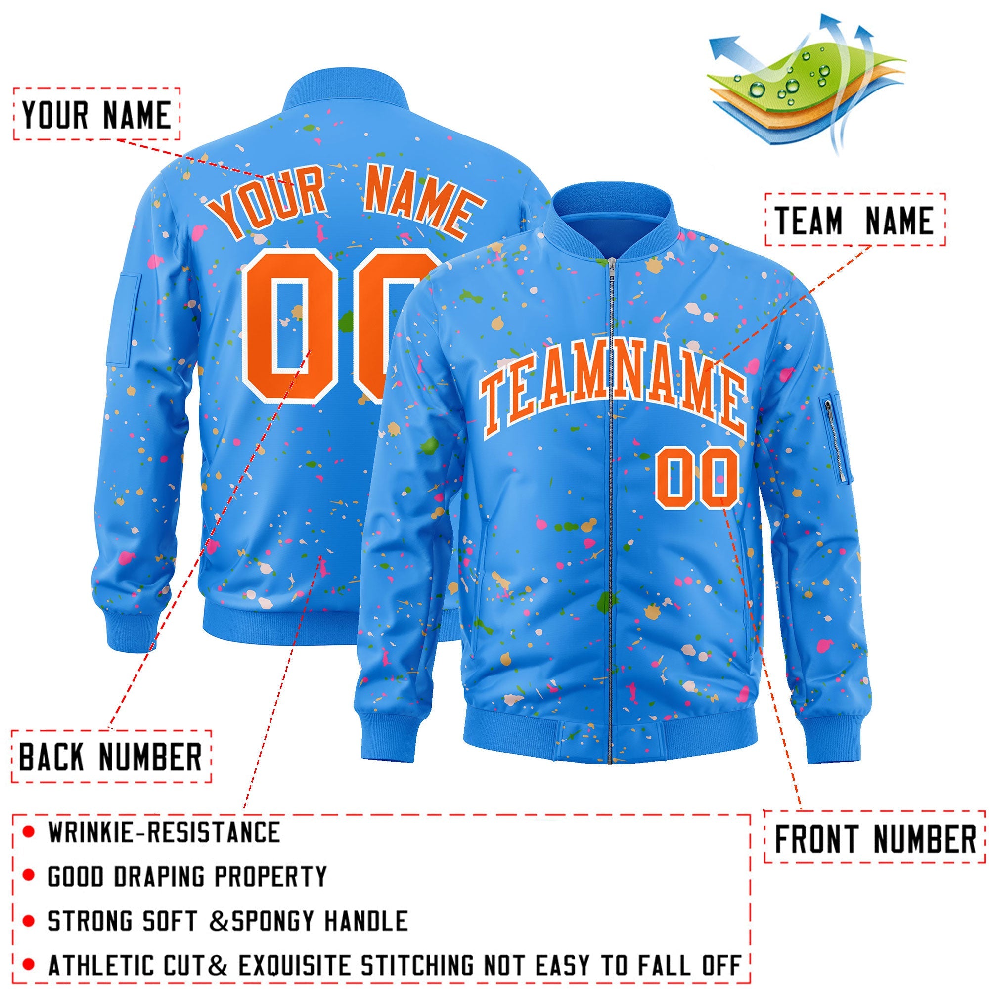 Custom Powder Blue Orange-White Varsity Full-Zip Splash Graffiti Pattern Letterman Jacket