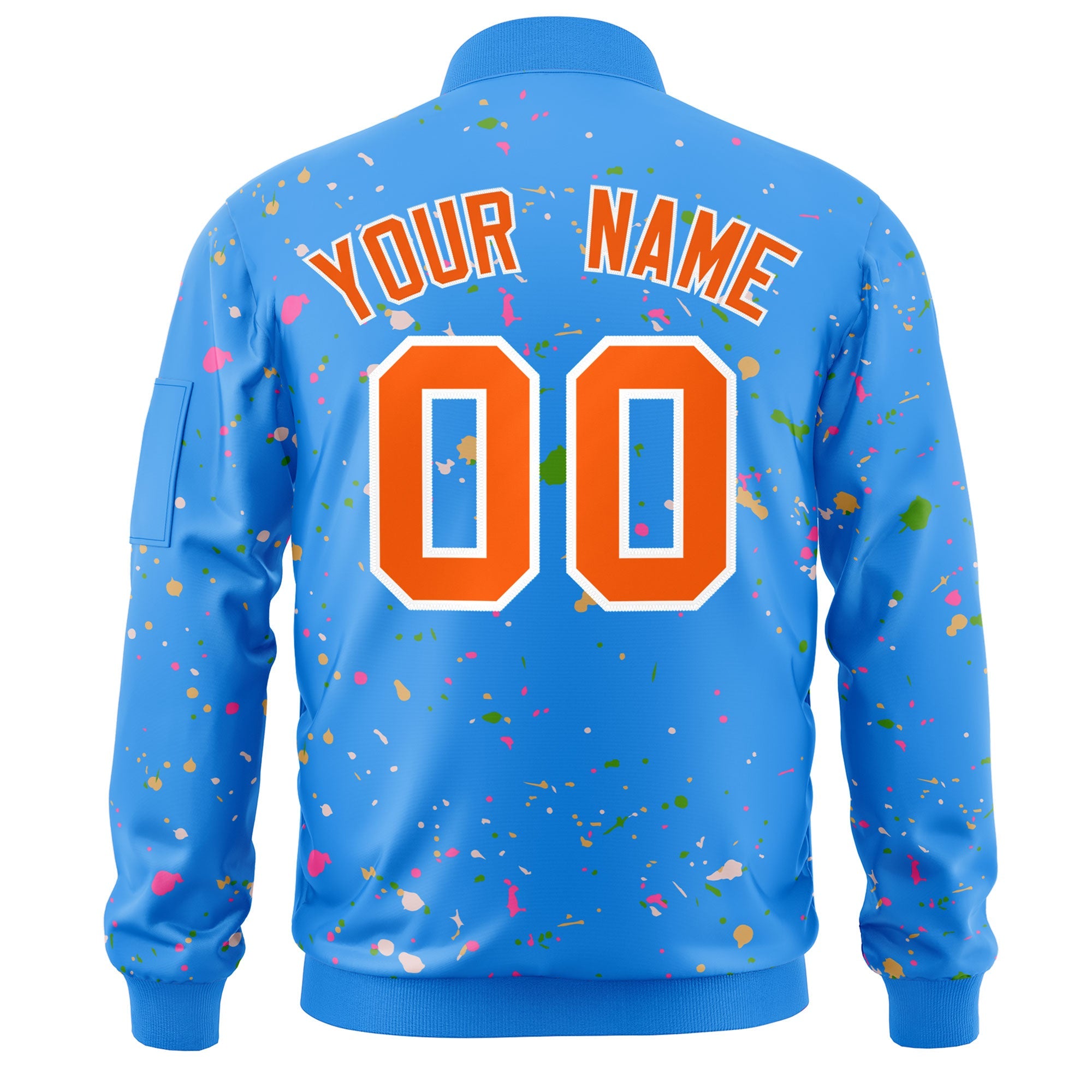 Custom Powder Blue Orange-White Varsity Full-Zip Splash Graffiti Pattern Letterman Jacket