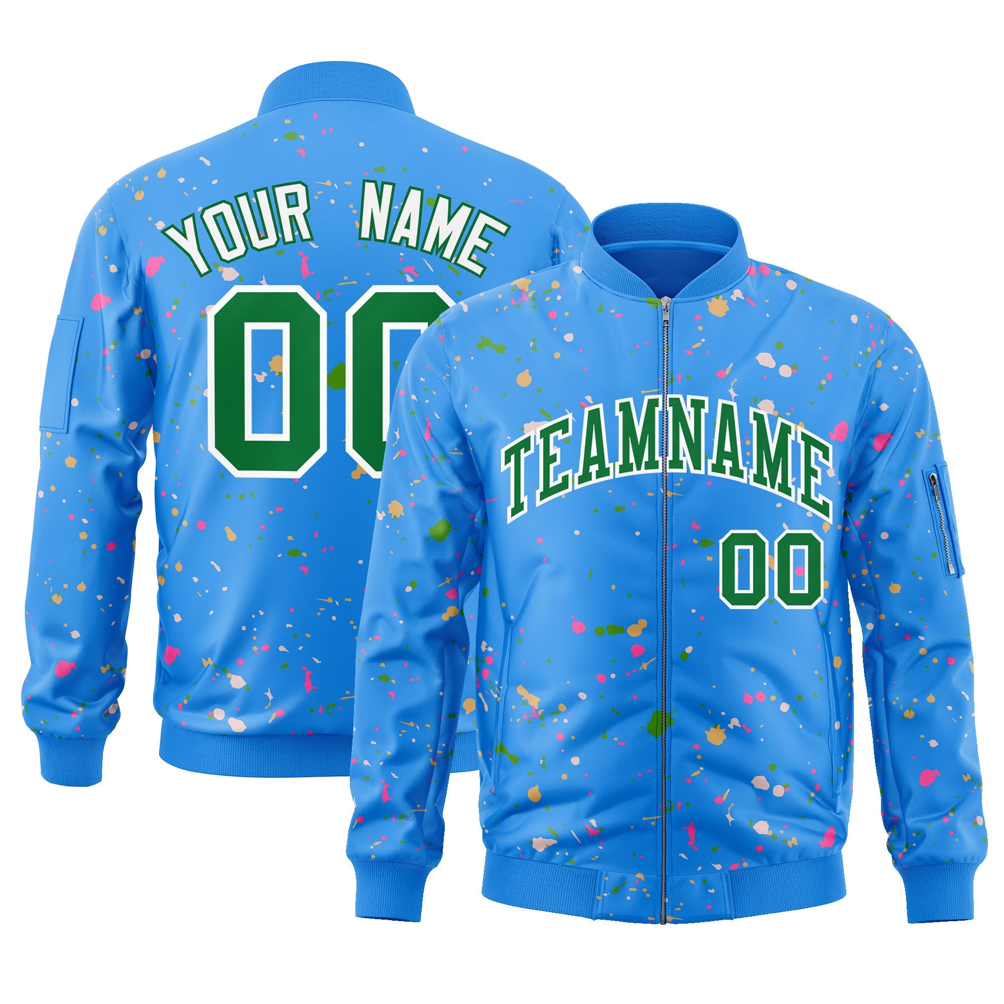 Custom Powder Blue Kelly Green-White Varsity Full-Zip Splash Graffiti Pattern Letterman Jacket