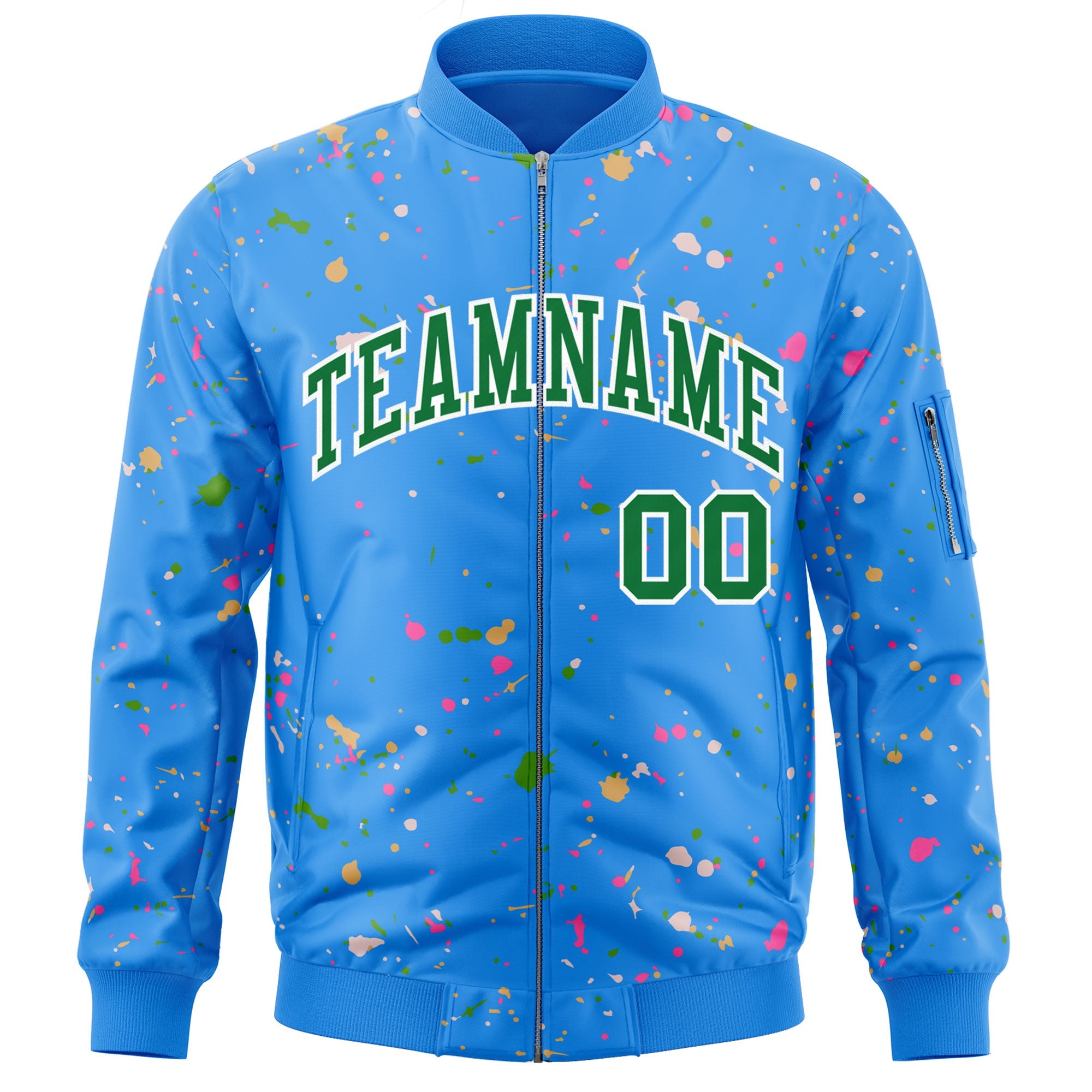 Custom Powder Blue Kelly Green-White Varsity Full-Zip Splash Graffiti Pattern Letterman Jacket