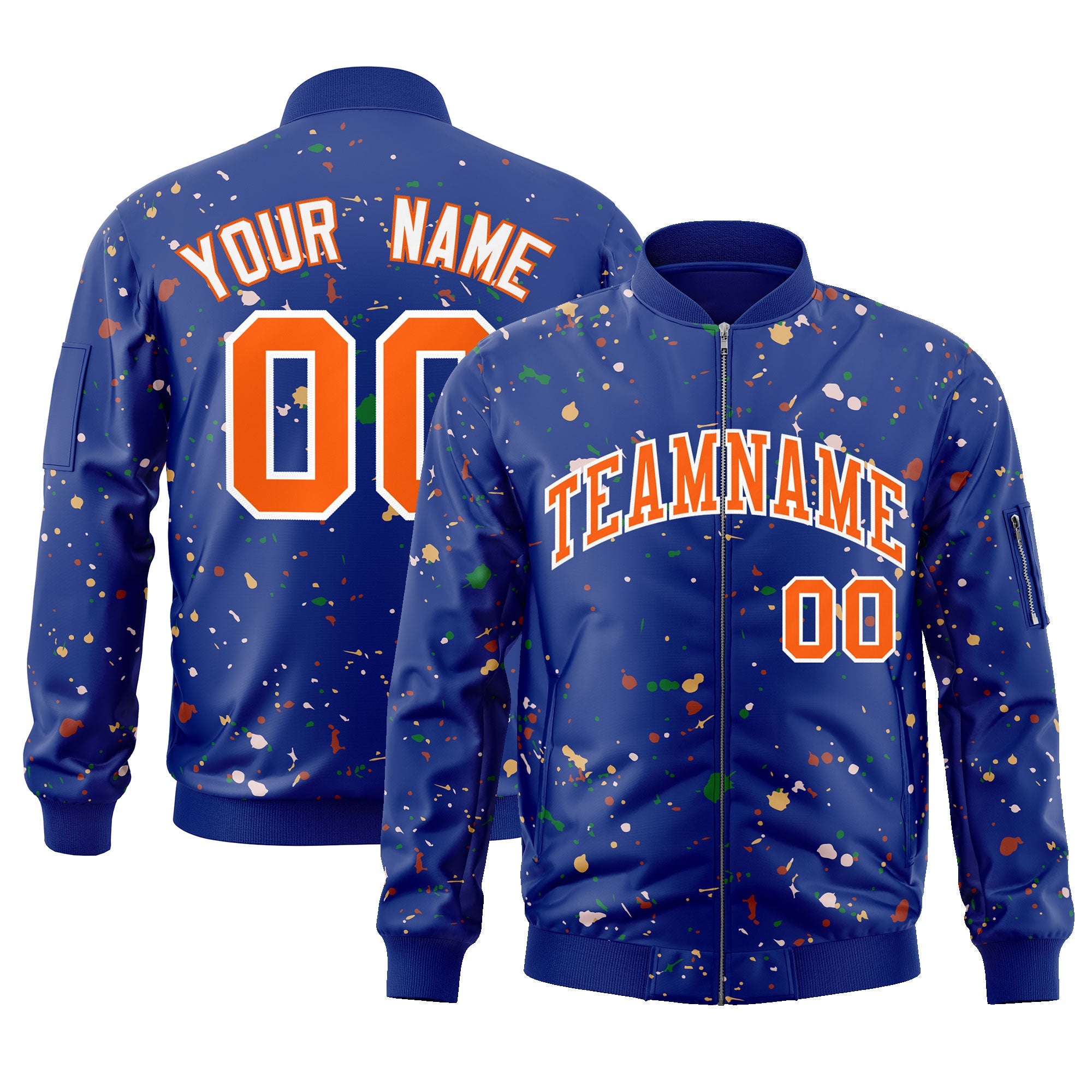 Custom Royal Orange-White Varsity Full-Zip Splash Graffiti Pattern Letterman Jacket