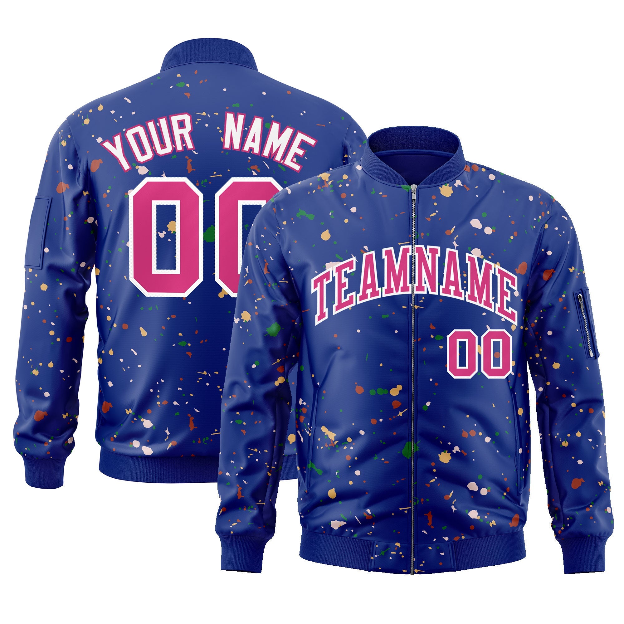 Custom Royal Pink-White Varsity Full-Zip Splash Graffiti Pattern Letterman Jacket