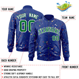 Custom Royal Kelly Green-White Varsity Full-Zip Splash Graffiti Pattern Letterman Jacket