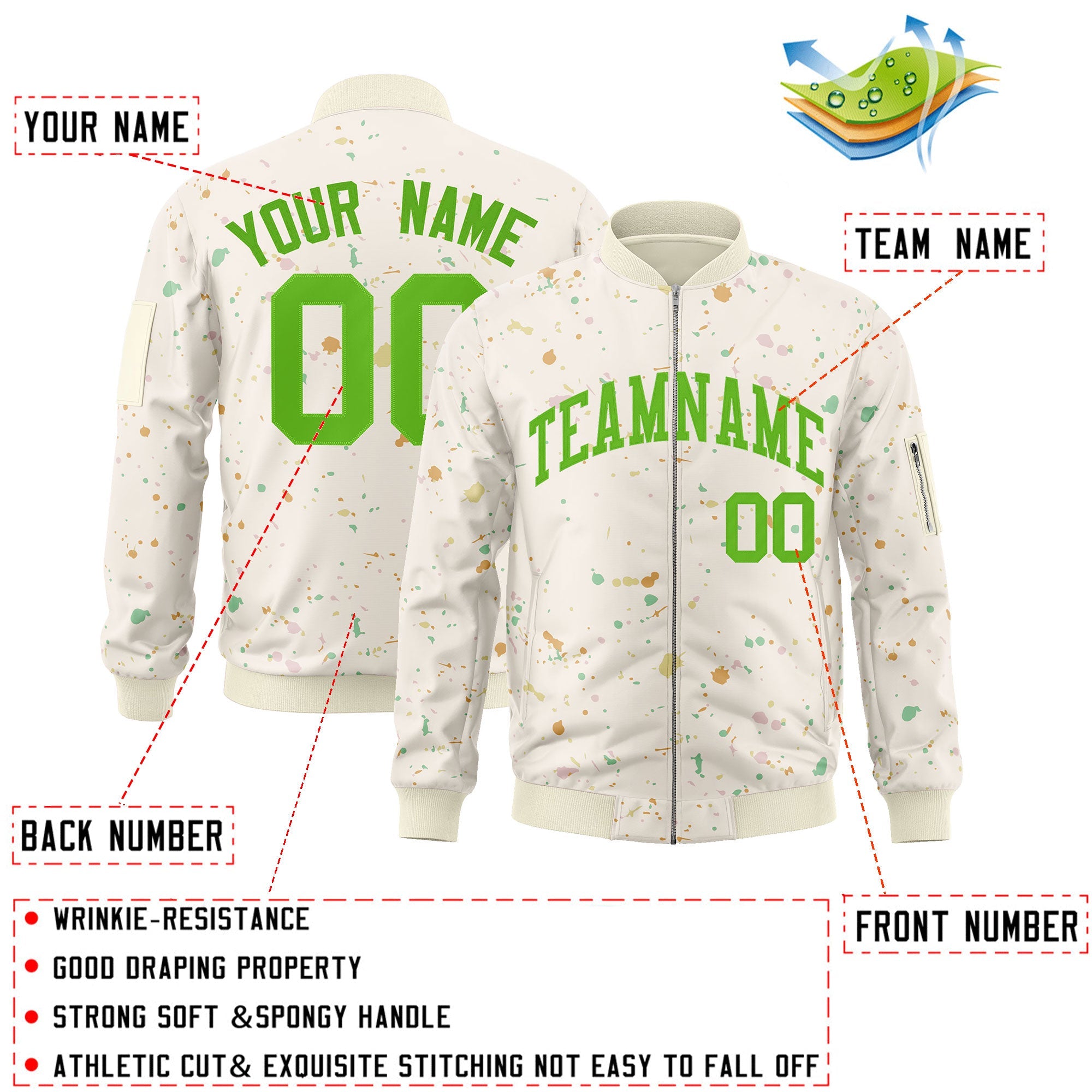 Custom Cream Green Varsity Full-Zip Splash Graffiti Pattern Letterman Jacket