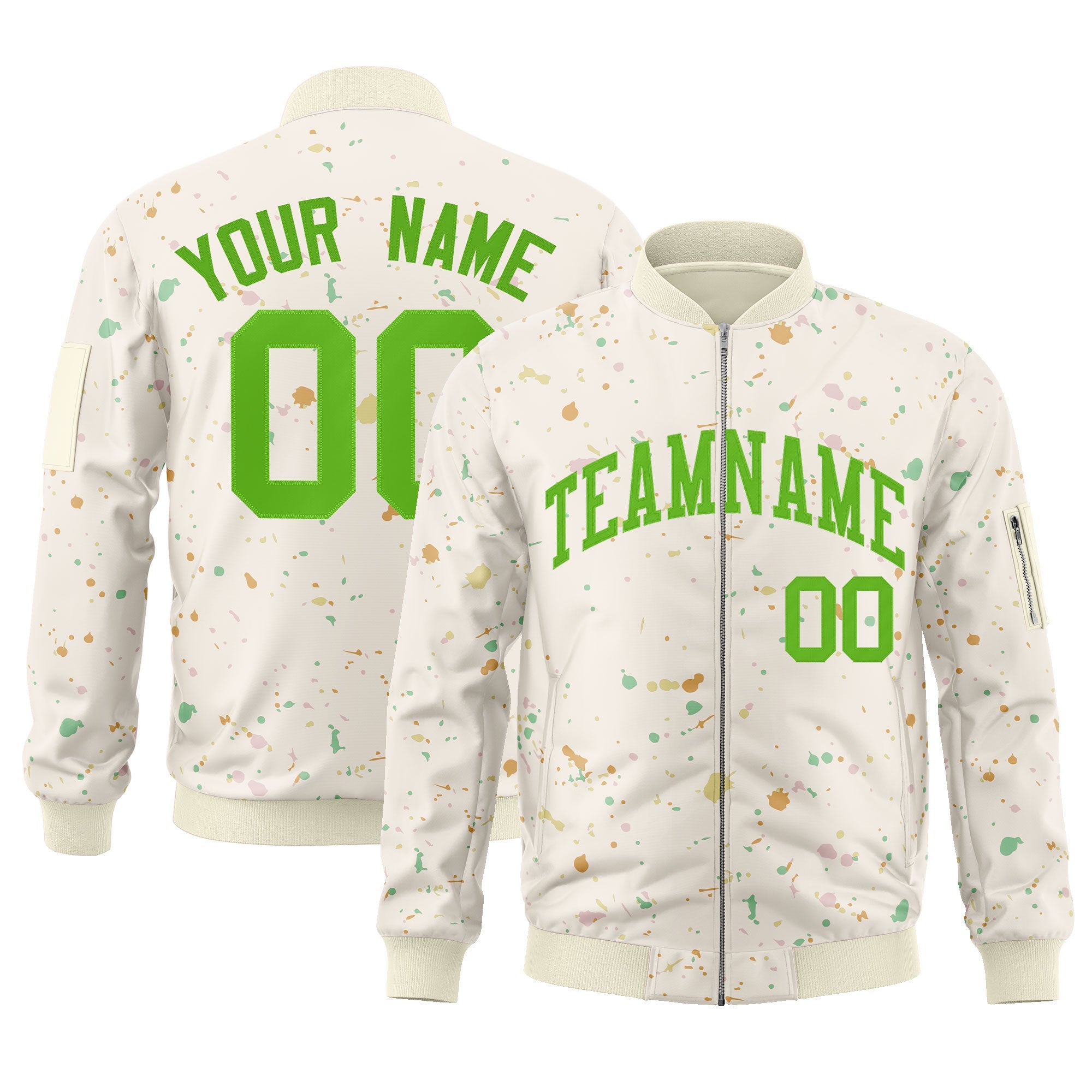 Custom Cream Green Varsity Full-Zip Splash Graffiti Pattern Letterman Jacket