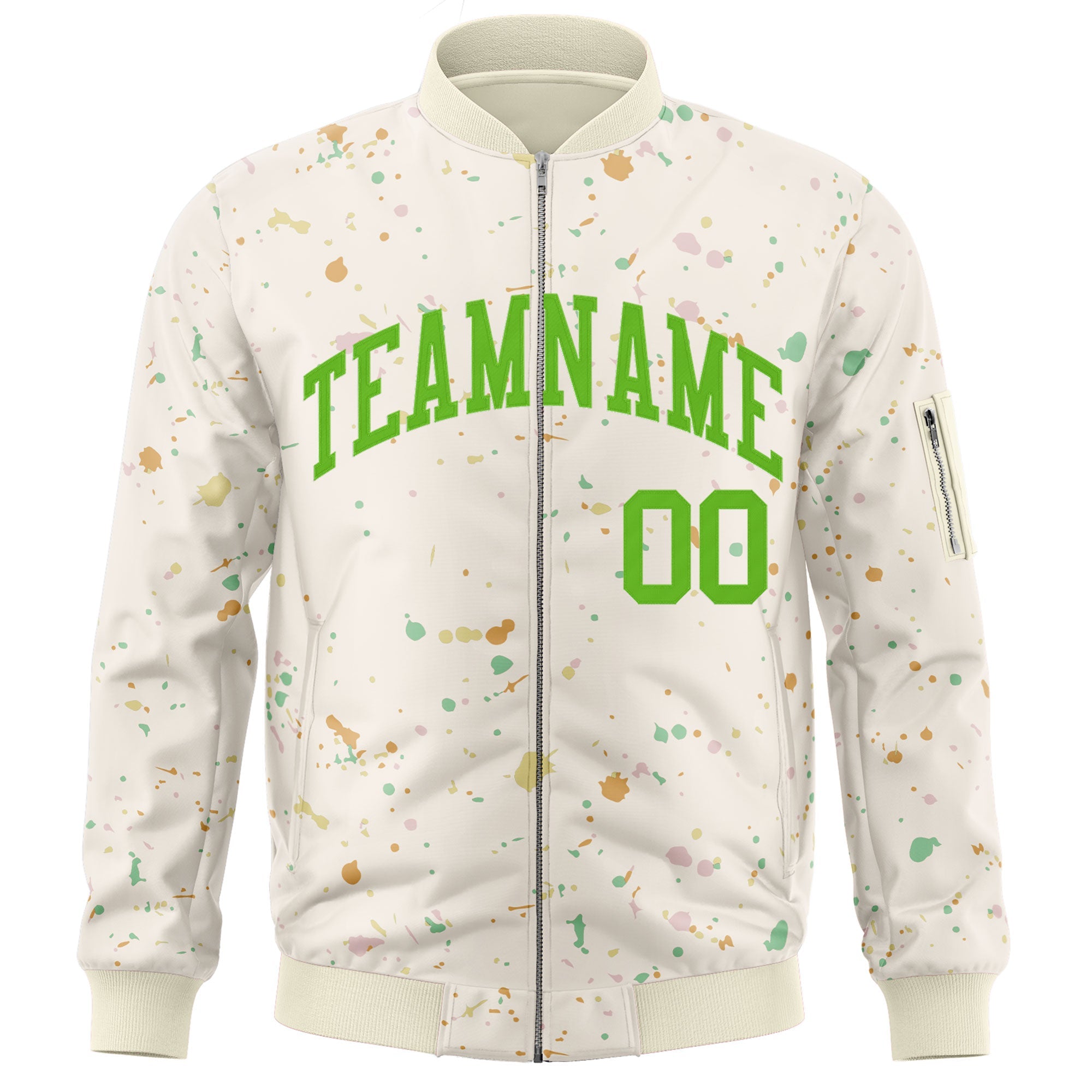 Custom Cream Green Varsity Full-Zip Splash Graffiti Pattern Letterman Jacket