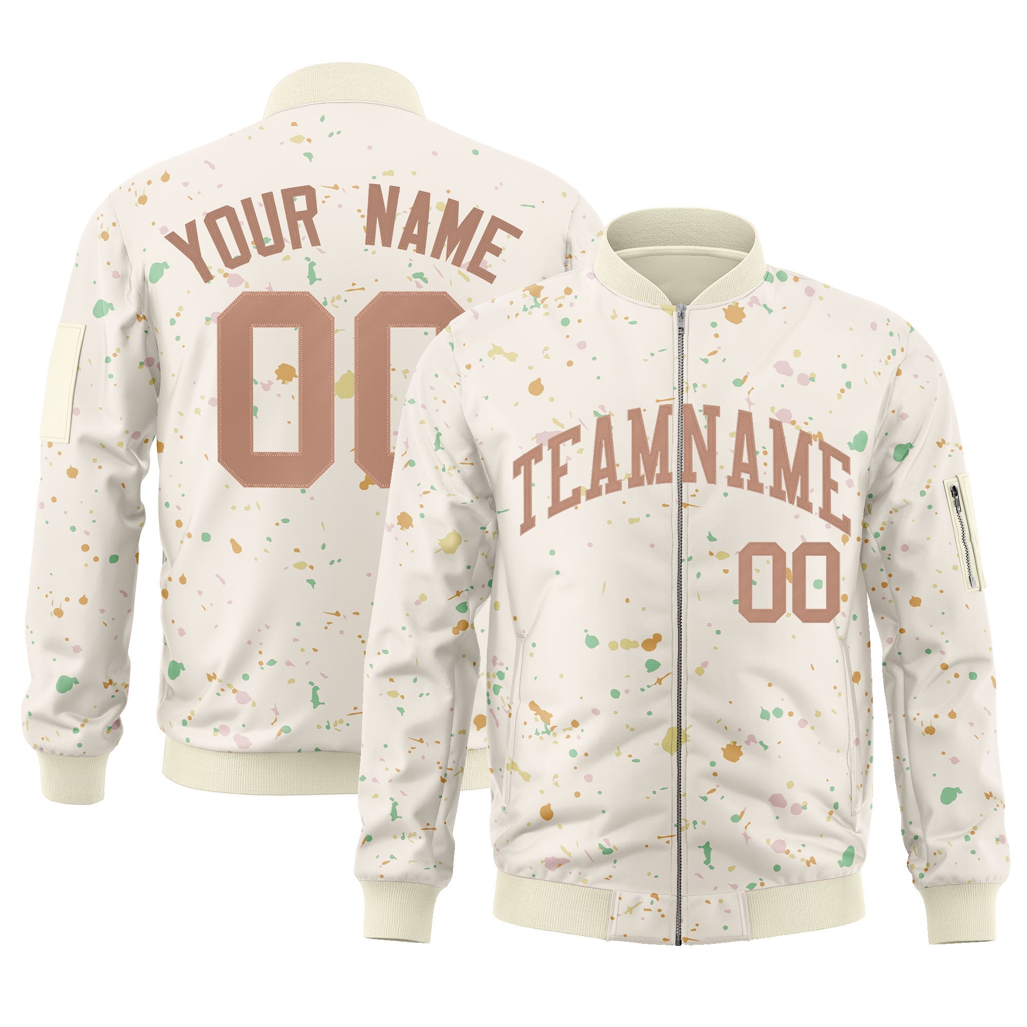 Custom Cream Brown Varsity Full-Zip Splash Graffiti Pattern Letterman Jacket