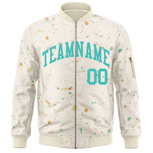 Custom Cream Aqua Varsity Full-Zip Splash Graffiti Pattern Letterman Jacket