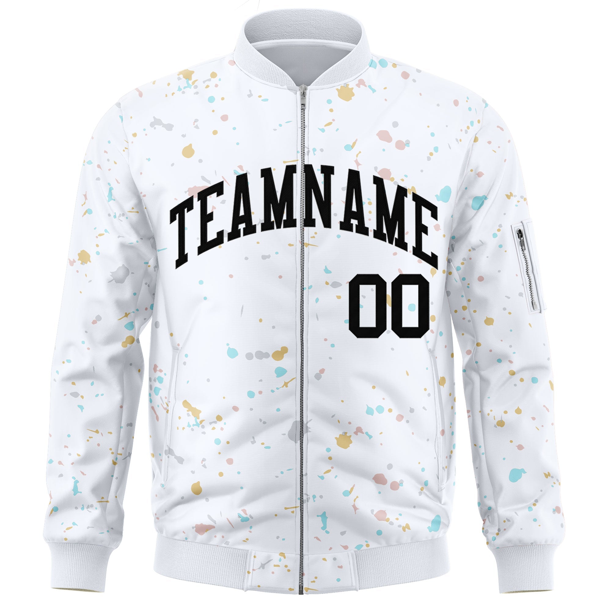 Custom White Black Varsity Full-Zip Splash Graffiti Pattern Letterman Jacket