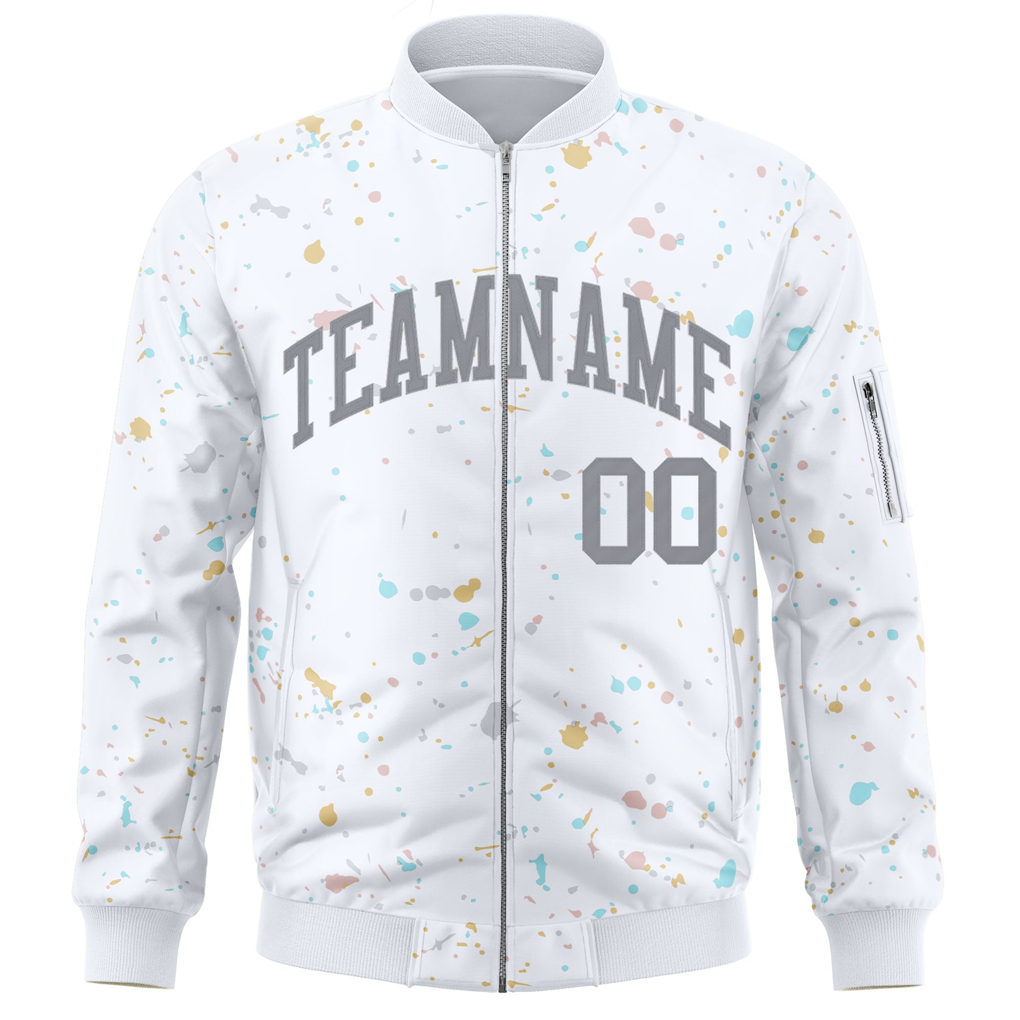 Custom White Gray Varsity Full-Zip Splash Graffiti Pattern Letterman Jacket