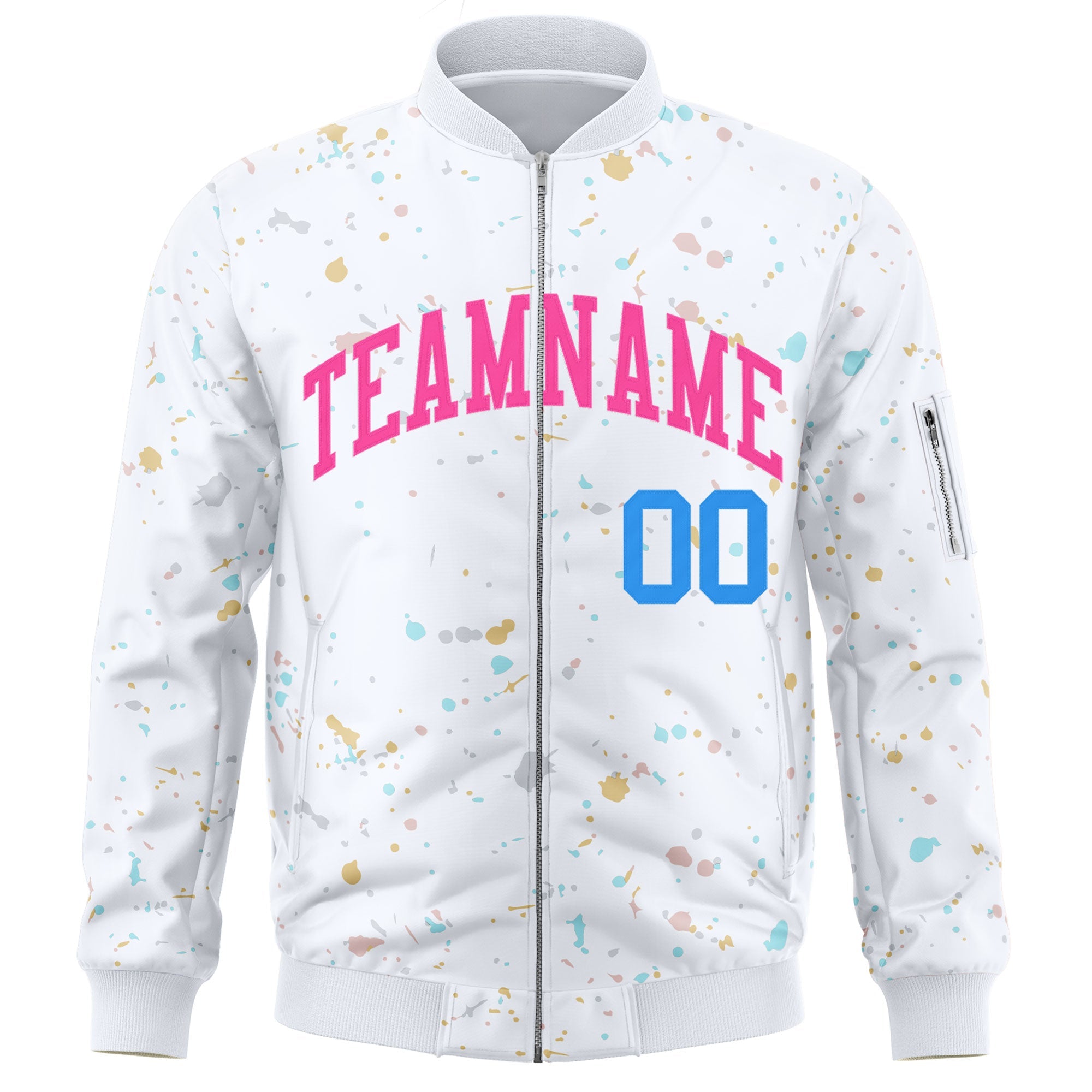 Custom White Pink Varsity Full-Zip Splash Graffiti Pattern Letterman Jacket