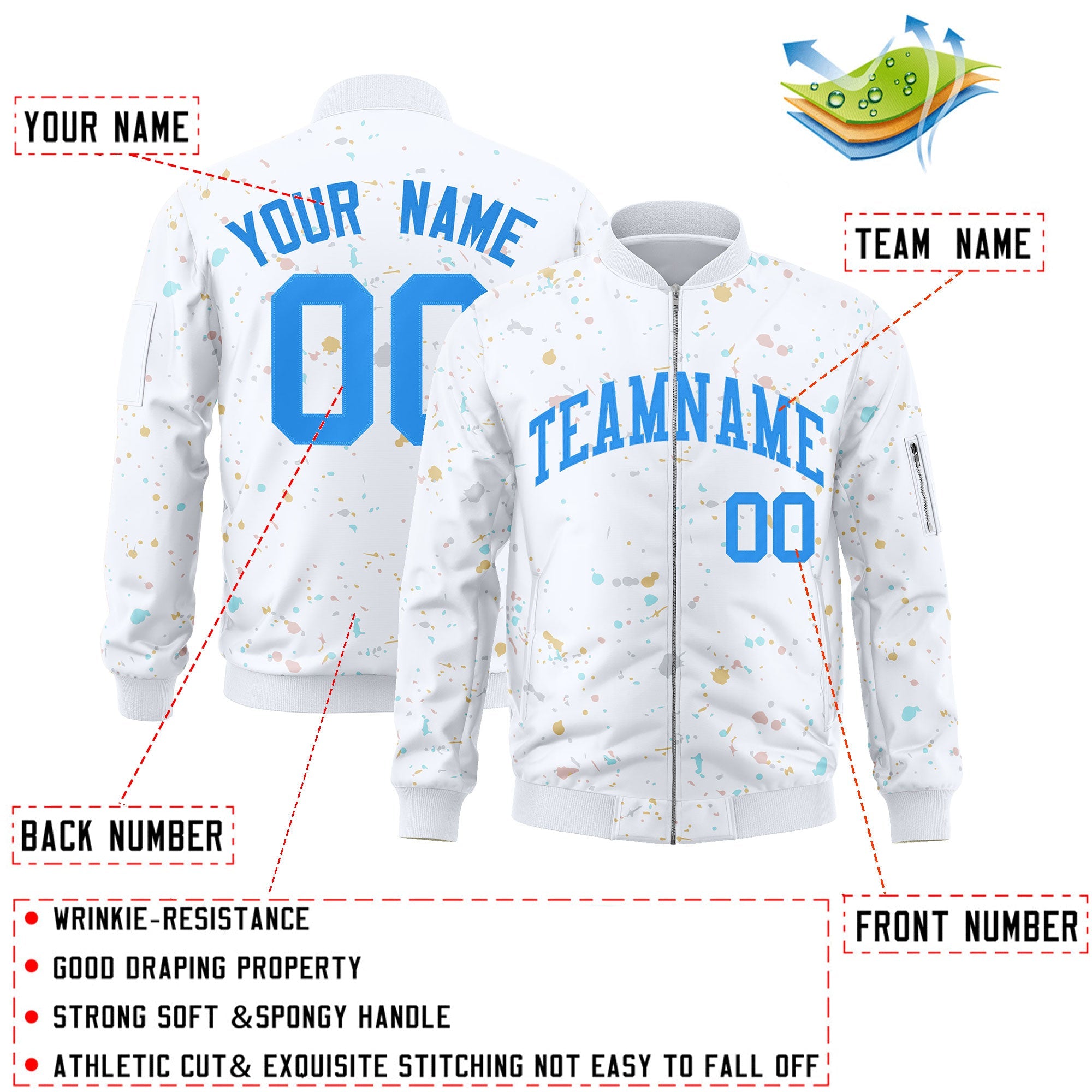 Custom White Powder Blue Varsity Full-Zip Splash Graffiti Pattern Letterman Jacket