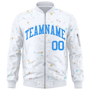 Custom White Powder Blue Varsity Full-Zip Splash Graffiti Pattern Letterman Jacket