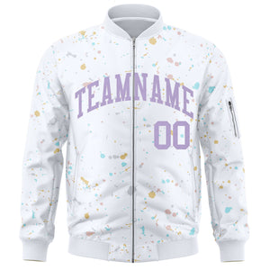 Custom White Purple Varsity Full-Zip Splash Graffiti Pattern Letterman Jacket