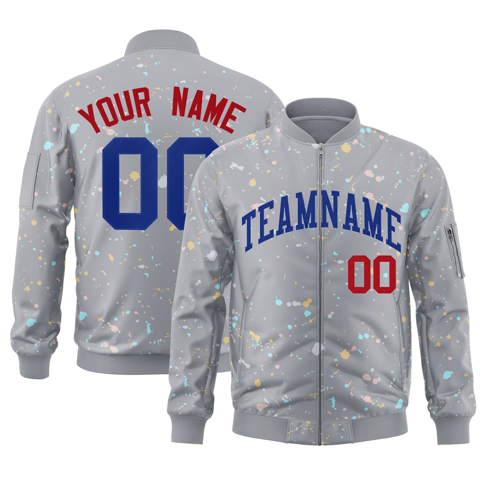 Custom Gray Royal Varsity Full-Zip Splash Graffiti Pattern Letterman Jacket