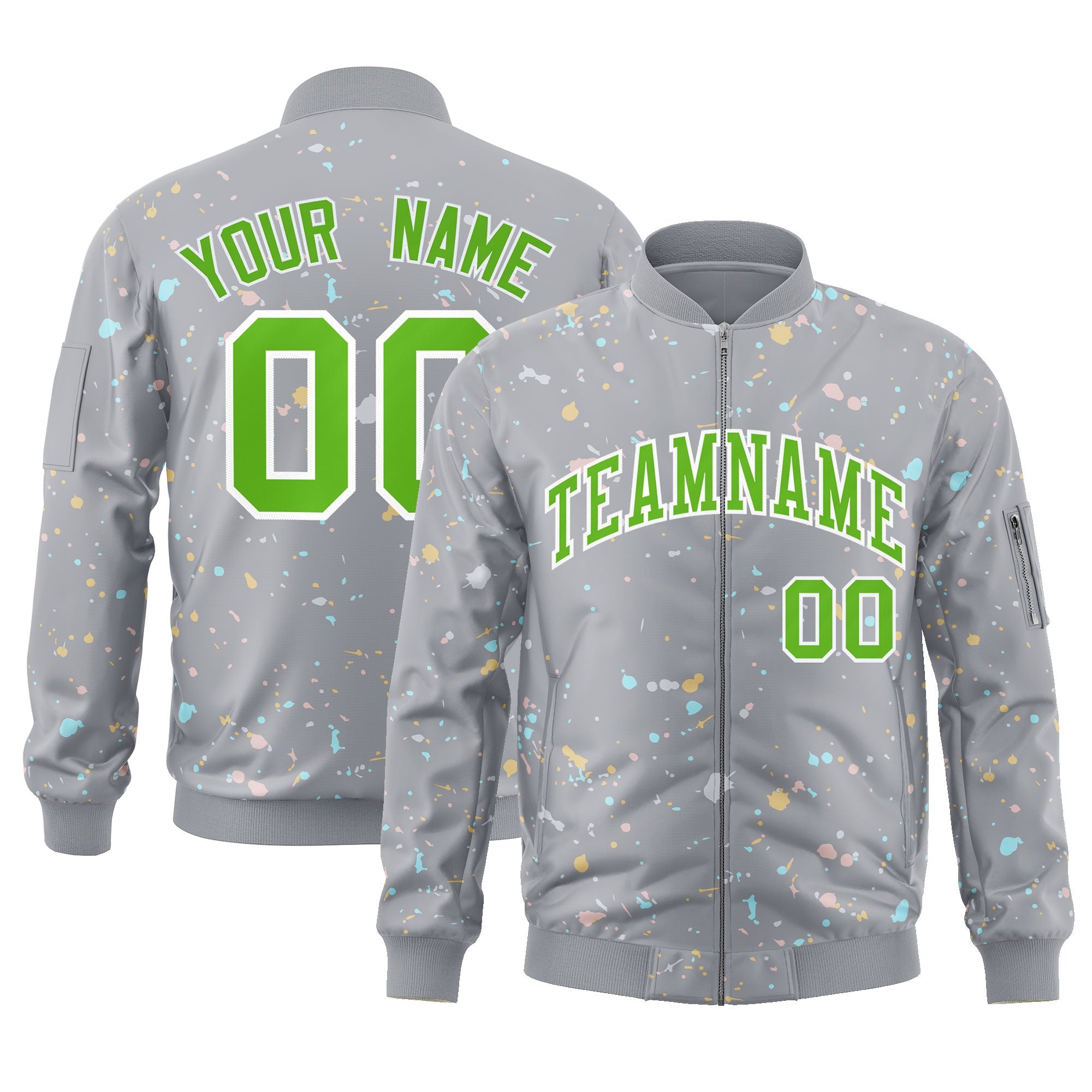 Custom Gray Green-White Varsity Full-Zip Splash Graffiti Pattern Letterman Jacket