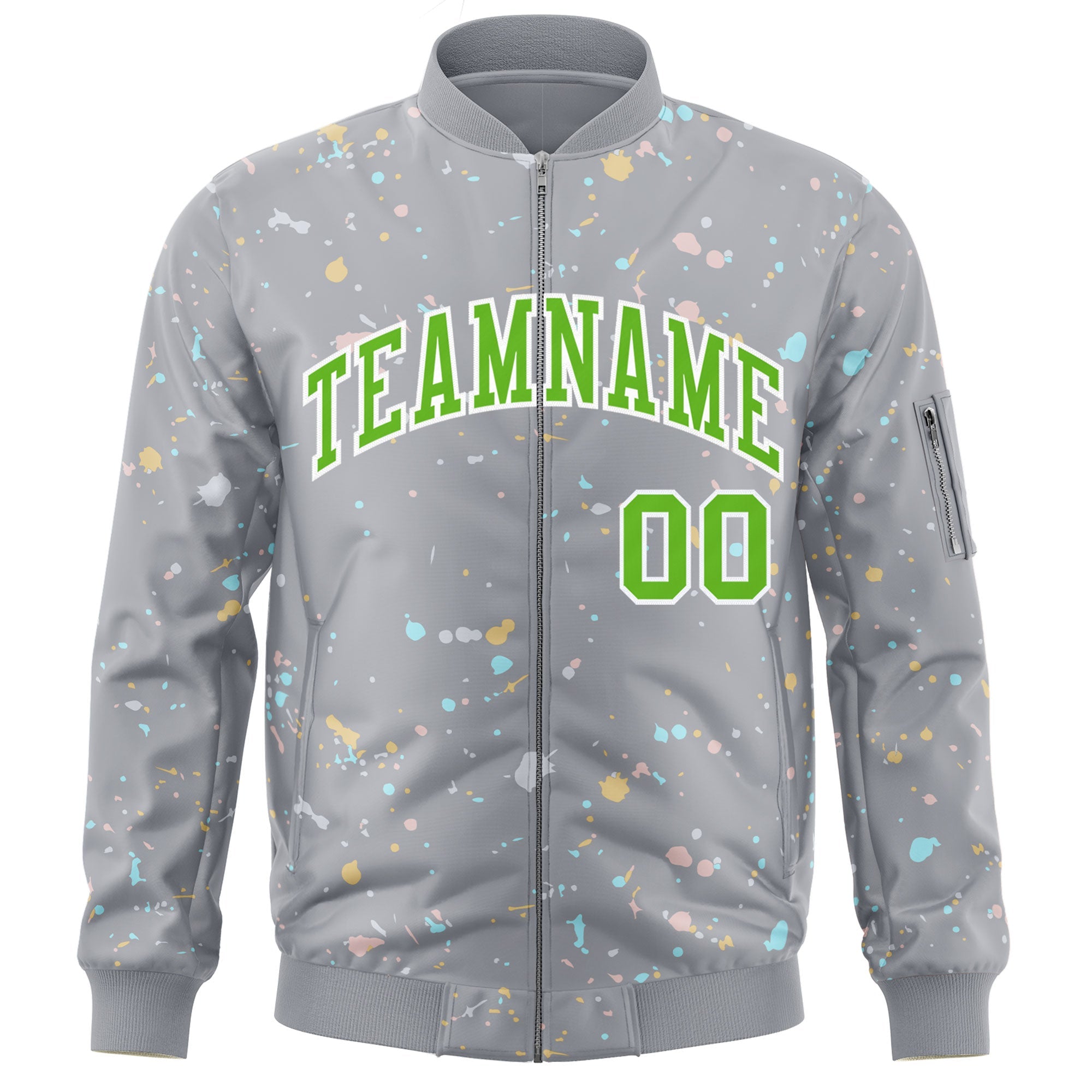 Custom Gray Green-White Varsity Full-Zip Splash Graffiti Pattern Letterman Jacket