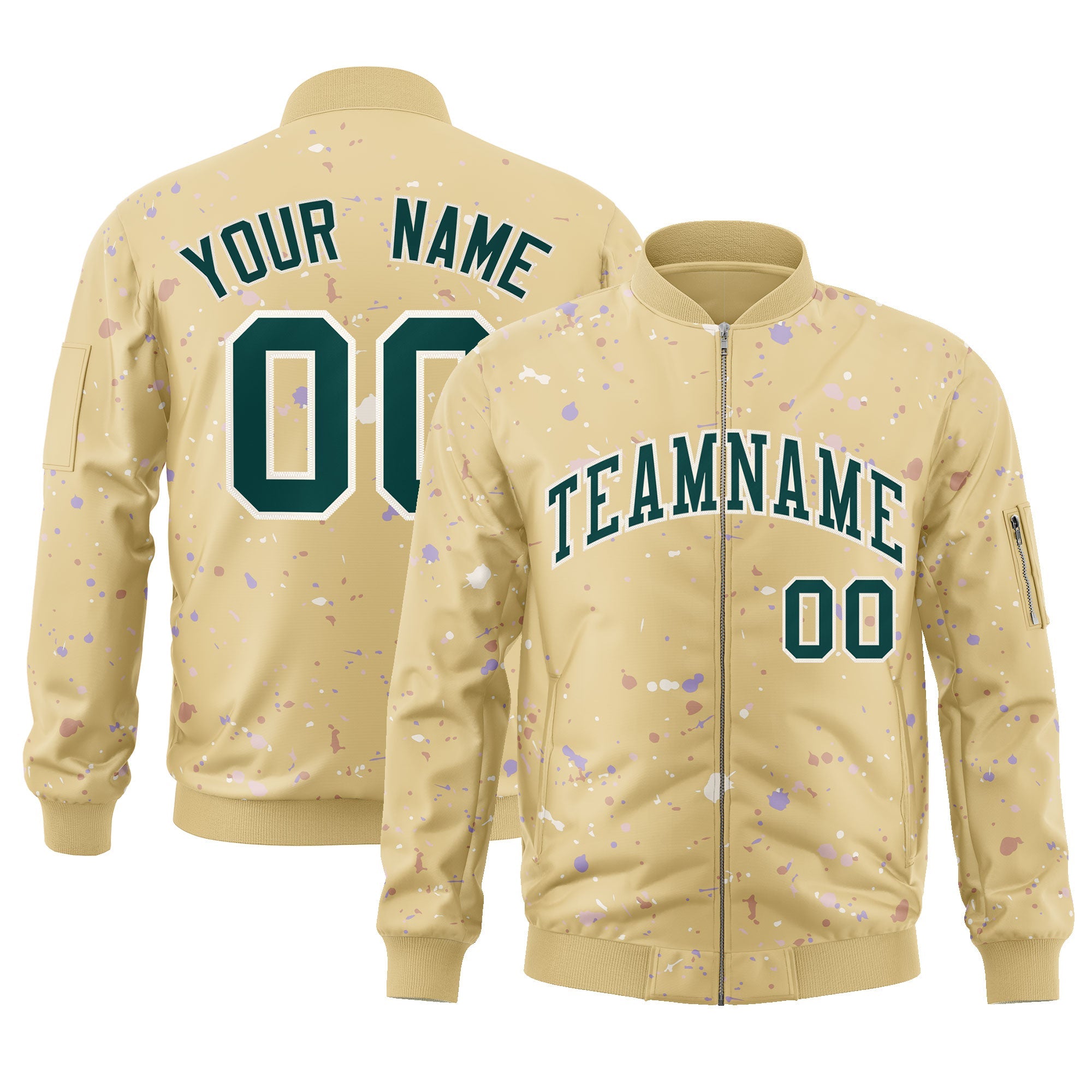 Custom Khaki Midnight Green-White Varsity Full-Zip Splash Graffiti Pattern Letterman Jacket