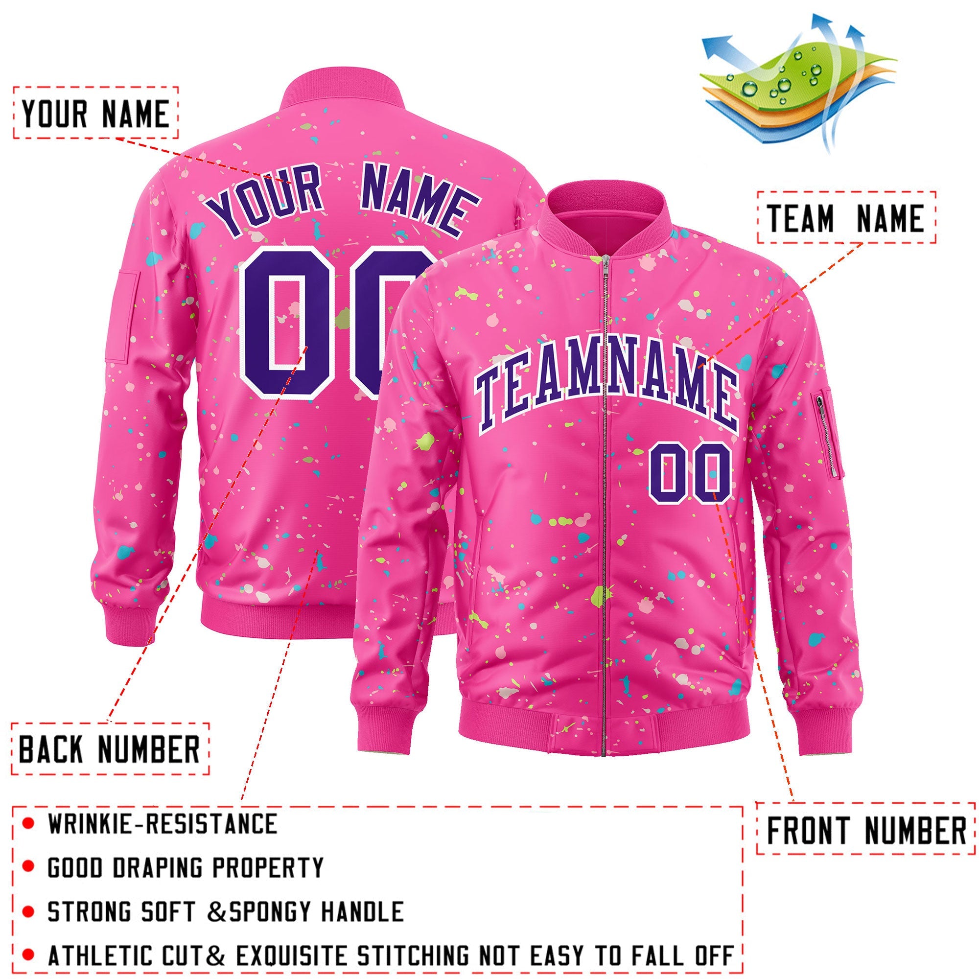 Custom Pink Purple-White Varsity Full-Zip Splash Graffiti Pattern Letterman Jacket