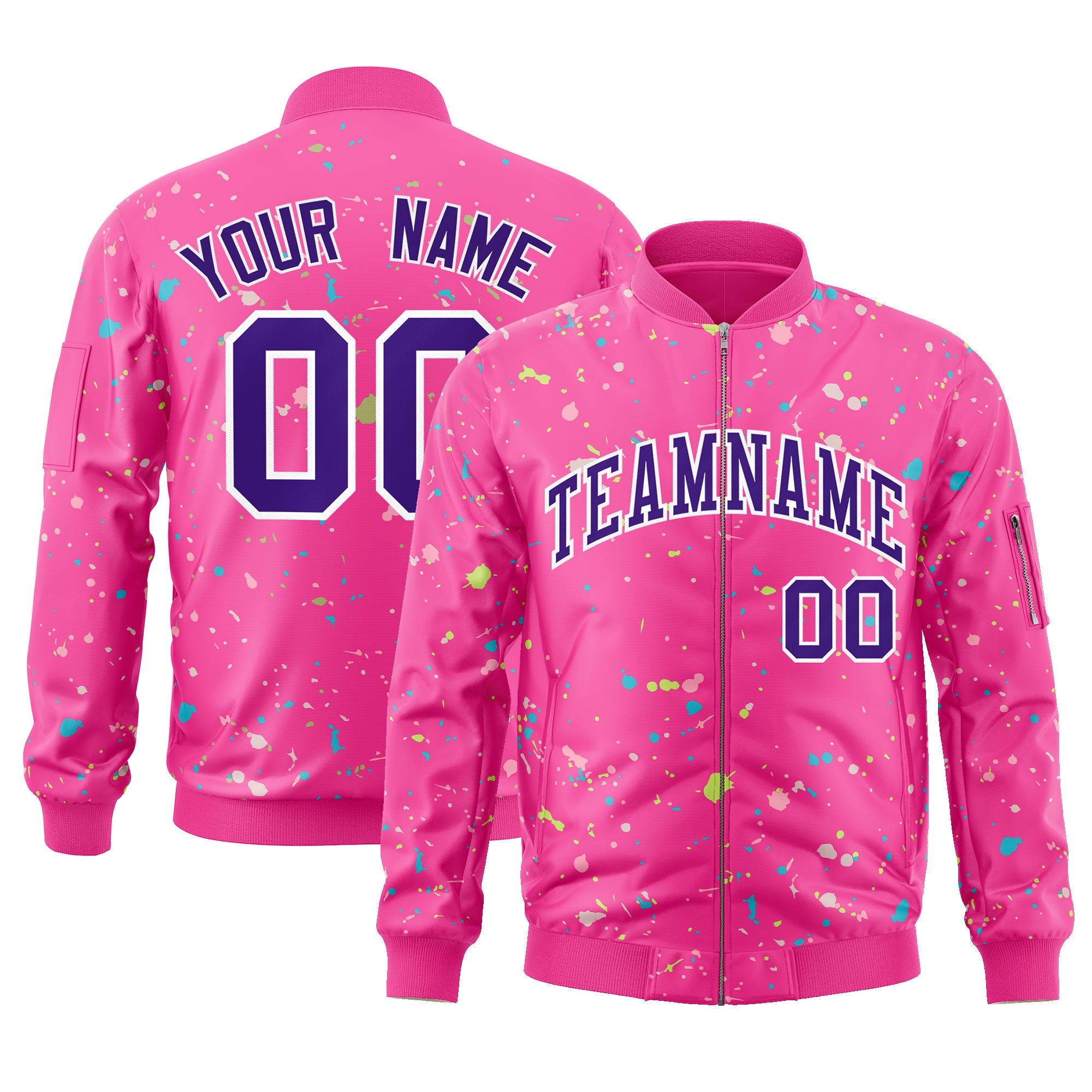 Custom Pink Purple-White Varsity Full-Zip Splash Graffiti Pattern Letterman Jacket