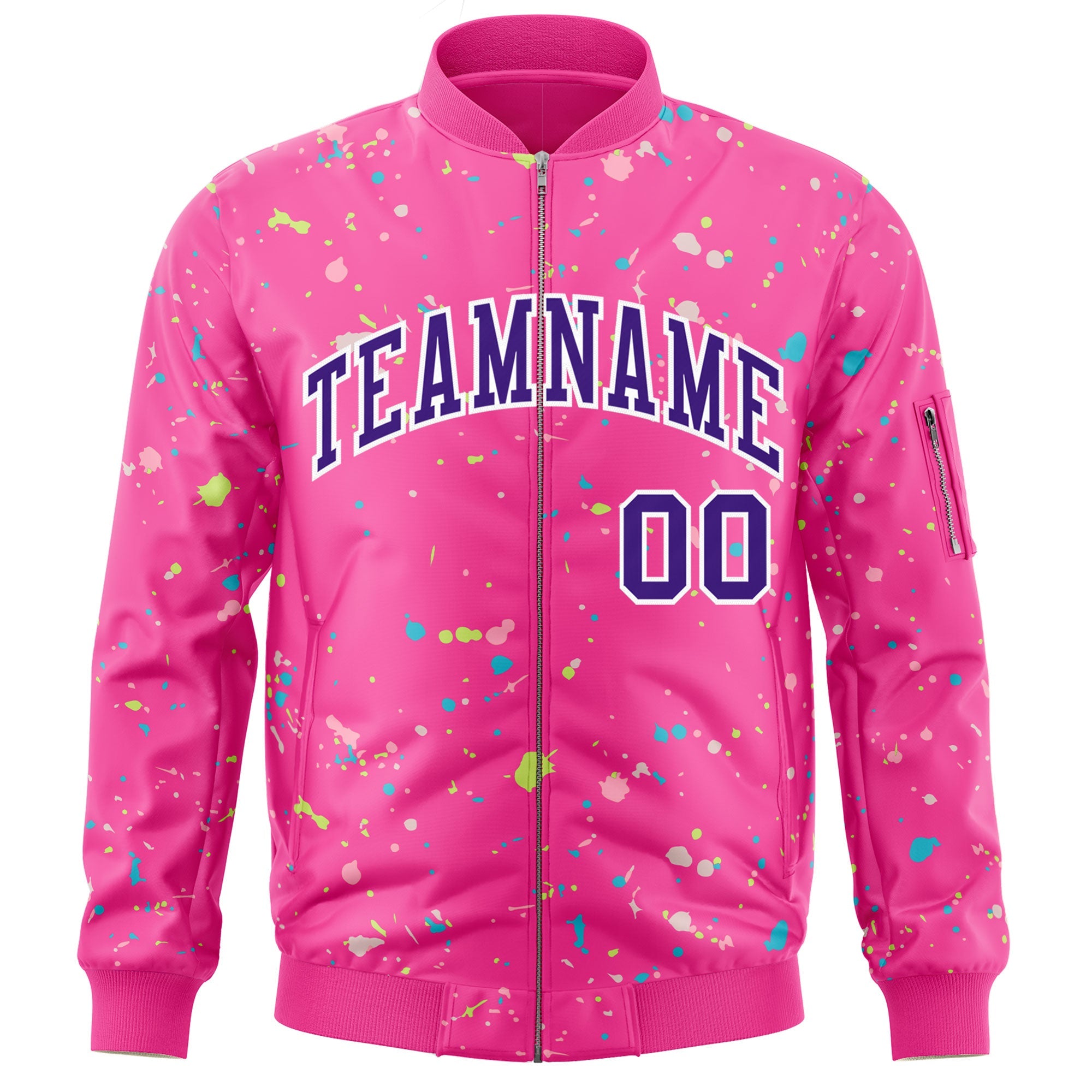 Custom Pink Purple-White Varsity Full-Zip Splash Graffiti Pattern Letterman Jacket