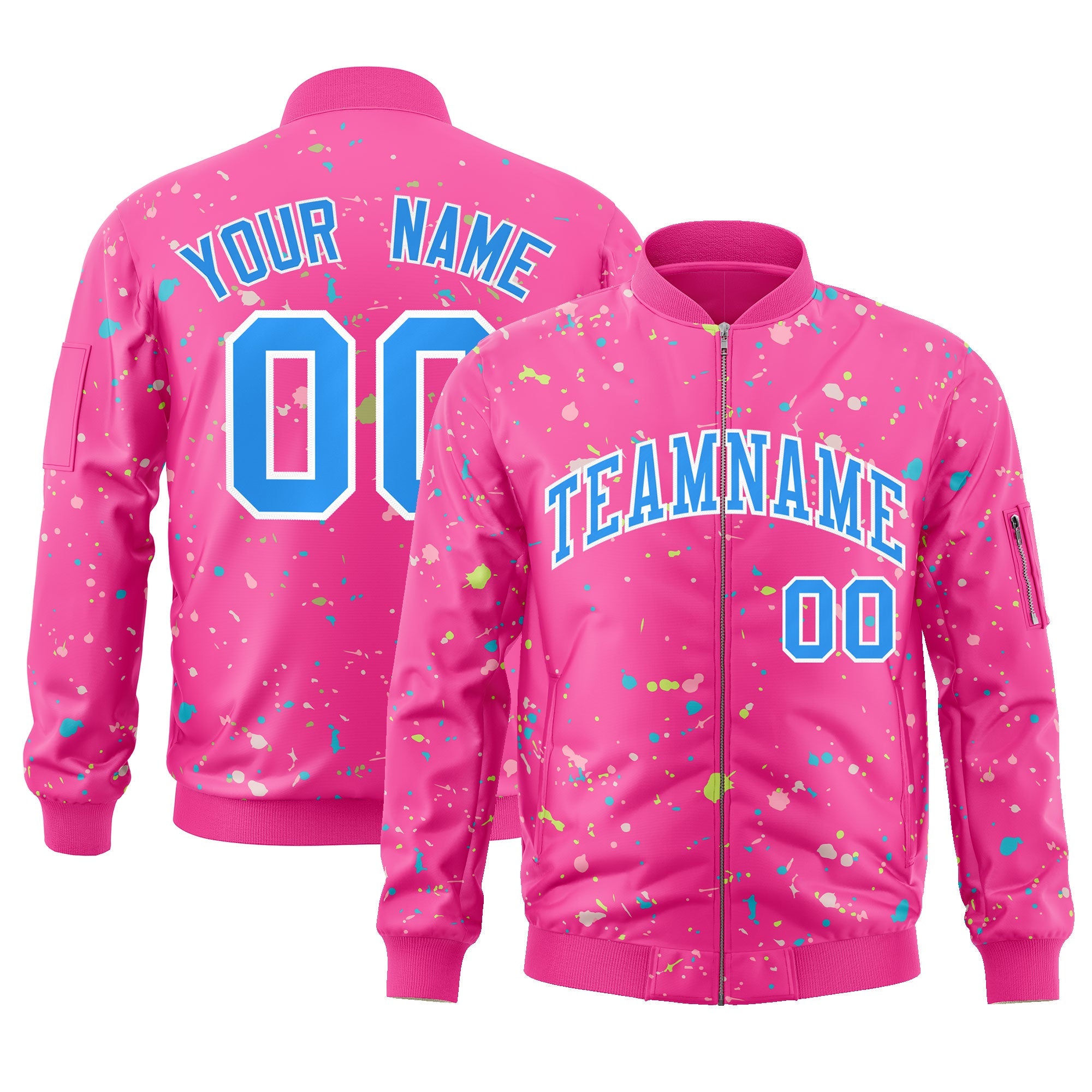 Custom Pink Powder Blue-White Varsity Full-Zip Splash Graffiti Pattern Letterman Jacket