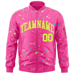 Custom Pink Neon Green Varsity Full-Zip Splash Graffiti Pattern Letterman Jacket