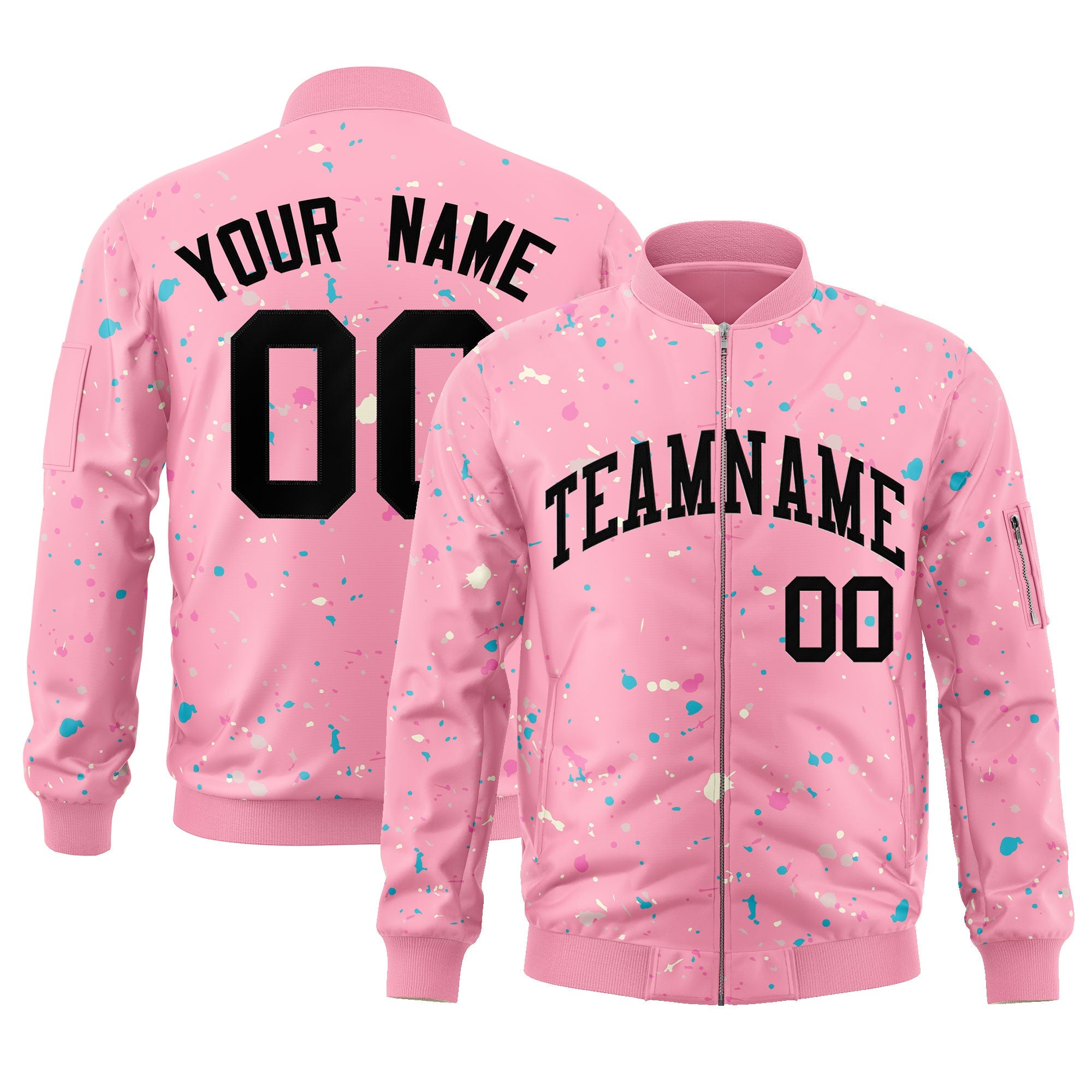 Custom Pink Black Varsity Full-Zip Splash Graffiti Pattern Letterman Jacket