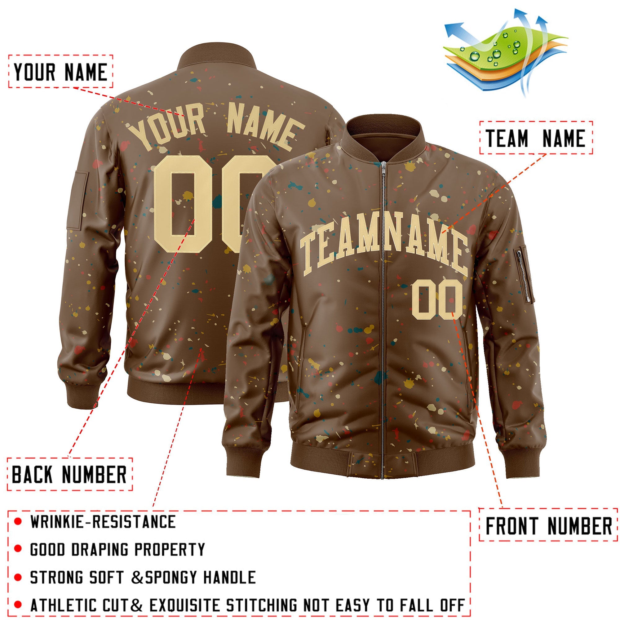 Custom Brown Khaki Varsity Full-Zip Splash Graffiti Pattern Letterman Jacket