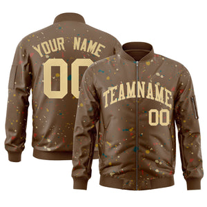 Custom Brown Khaki Varsity Full-Zip Splash Graffiti Pattern Letterman Jacket