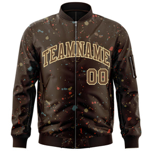 Custom Brown Khaki Varsity Full-Zip Splash Graffiti Pattern Letterman Jacket