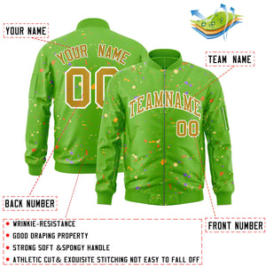 Custom Green Old Gold-White Varsity Full-Zip Splash Graffiti Pattern Letterman Jacket