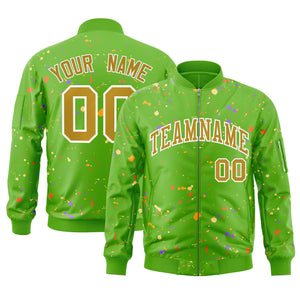 Custom Green Old Gold-White Varsity Full-Zip Splash Graffiti Pattern Letterman Jacket