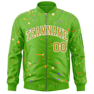 Custom Green Old Gold-White Varsity Full-Zip Splash Graffiti Pattern Letterman Jacket