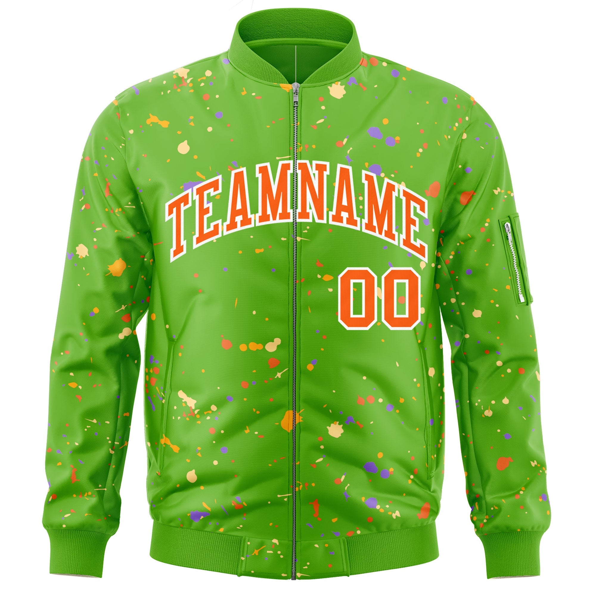 Custom Green Orange-White Varsity Full-Zip Splash Graffiti Pattern Letterman Jacket