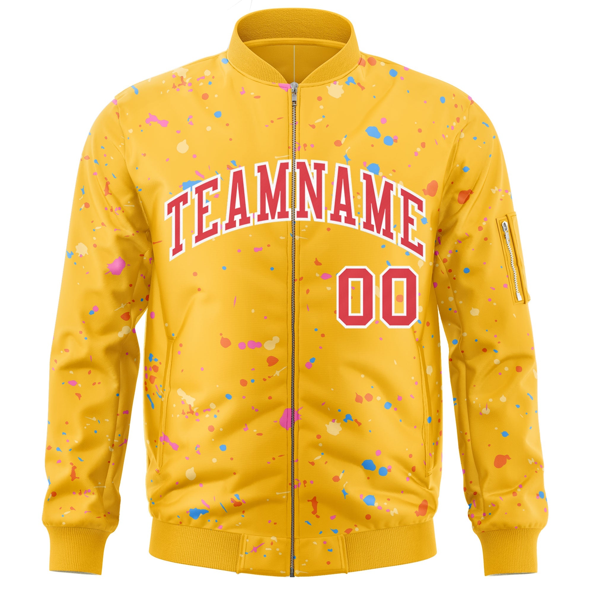 Custom Gold Red-White Varsity Full-Zip Splash Graffiti Pattern Letterman Jacket