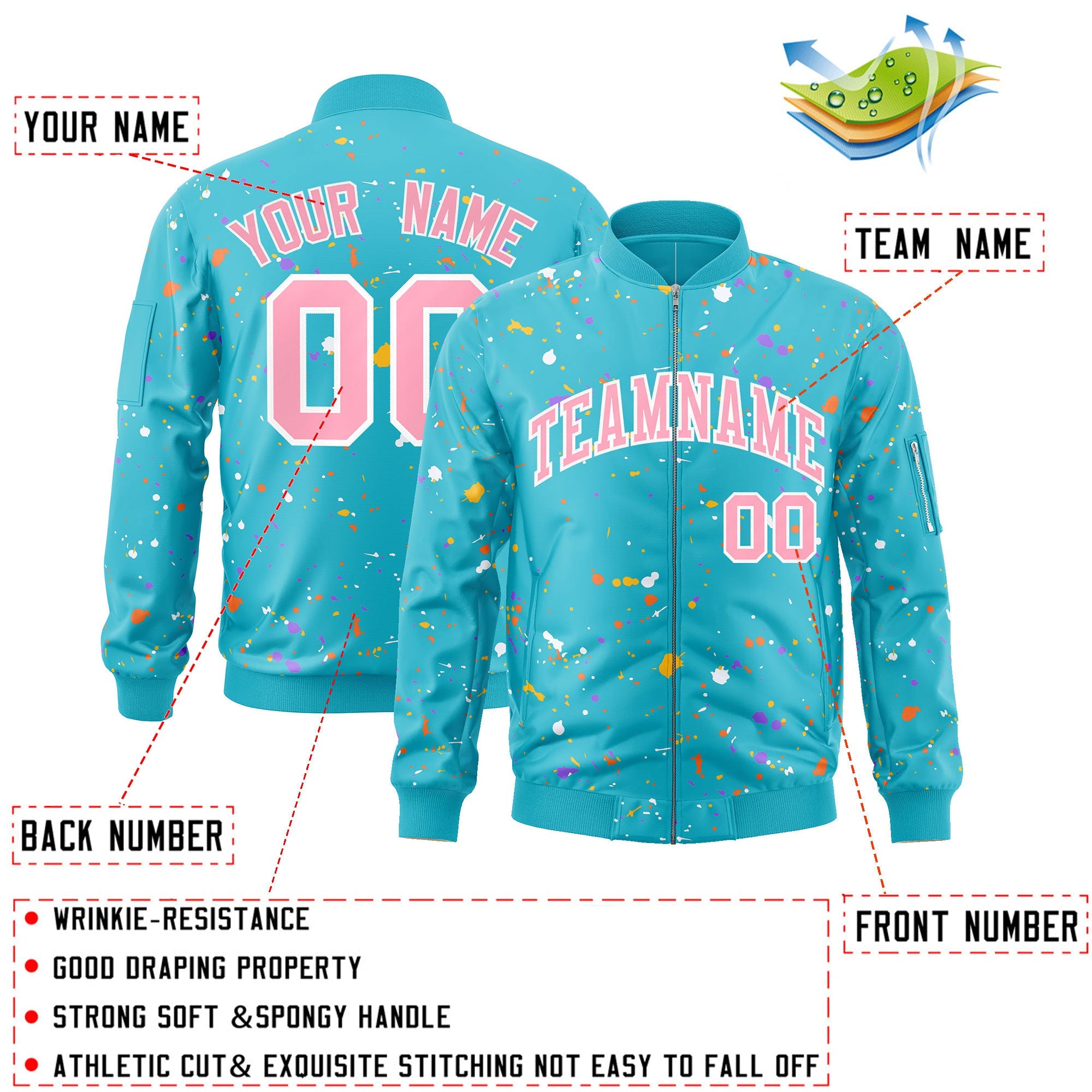 Custom Light Blue Pink-White Varsity Full-Zip Splash Graffiti Pattern Letterman Jacket