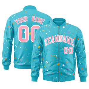 Custom Light Blue Pink-White Varsity Full-Zip Splash Graffiti Pattern Letterman Jacket