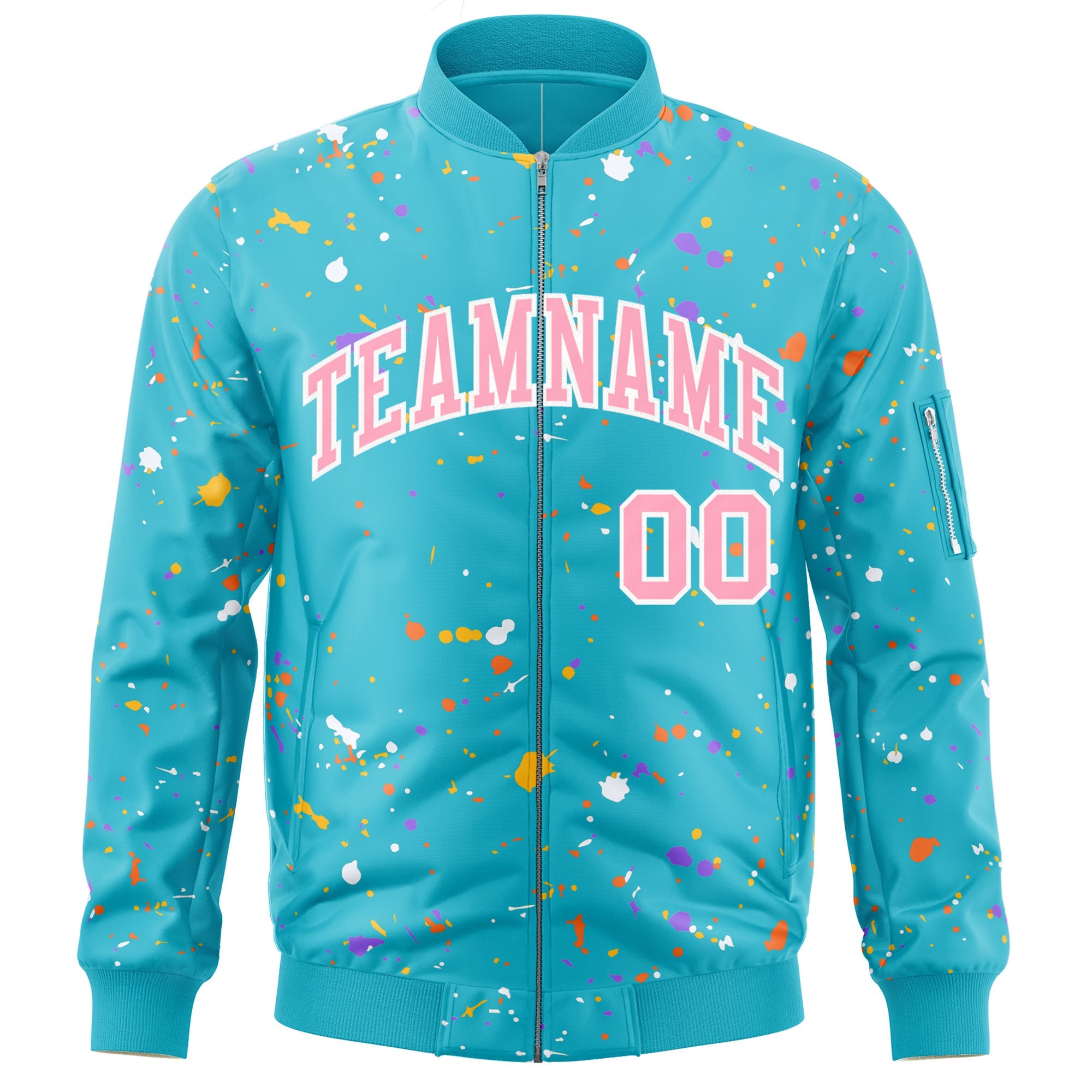 Custom Light Blue Pink-White Varsity Full-Zip Splash Graffiti Pattern Letterman Jacket