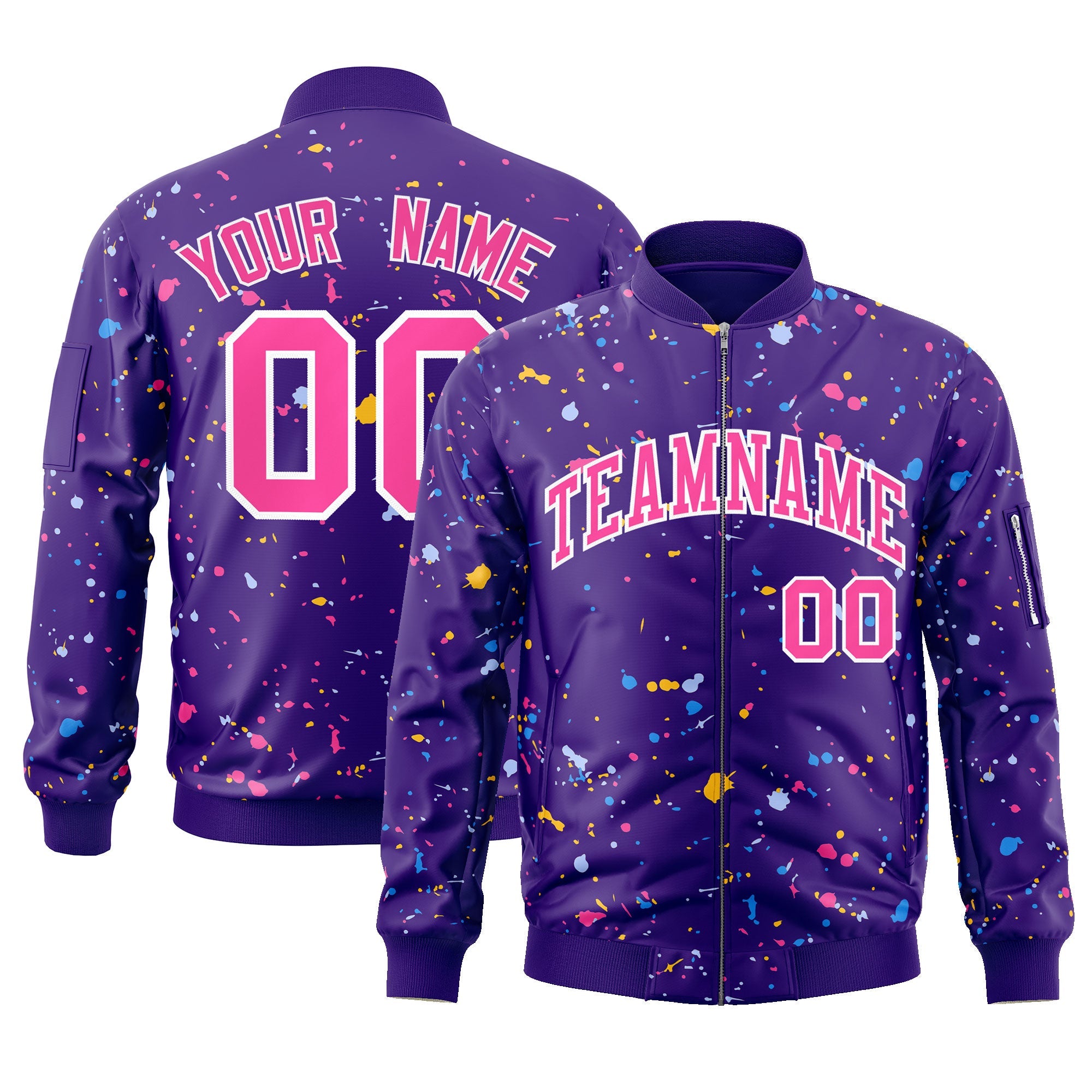 Custom Purple Pink-White Varsity Full-Zip Splash Graffiti Pattern Letterman Jacket