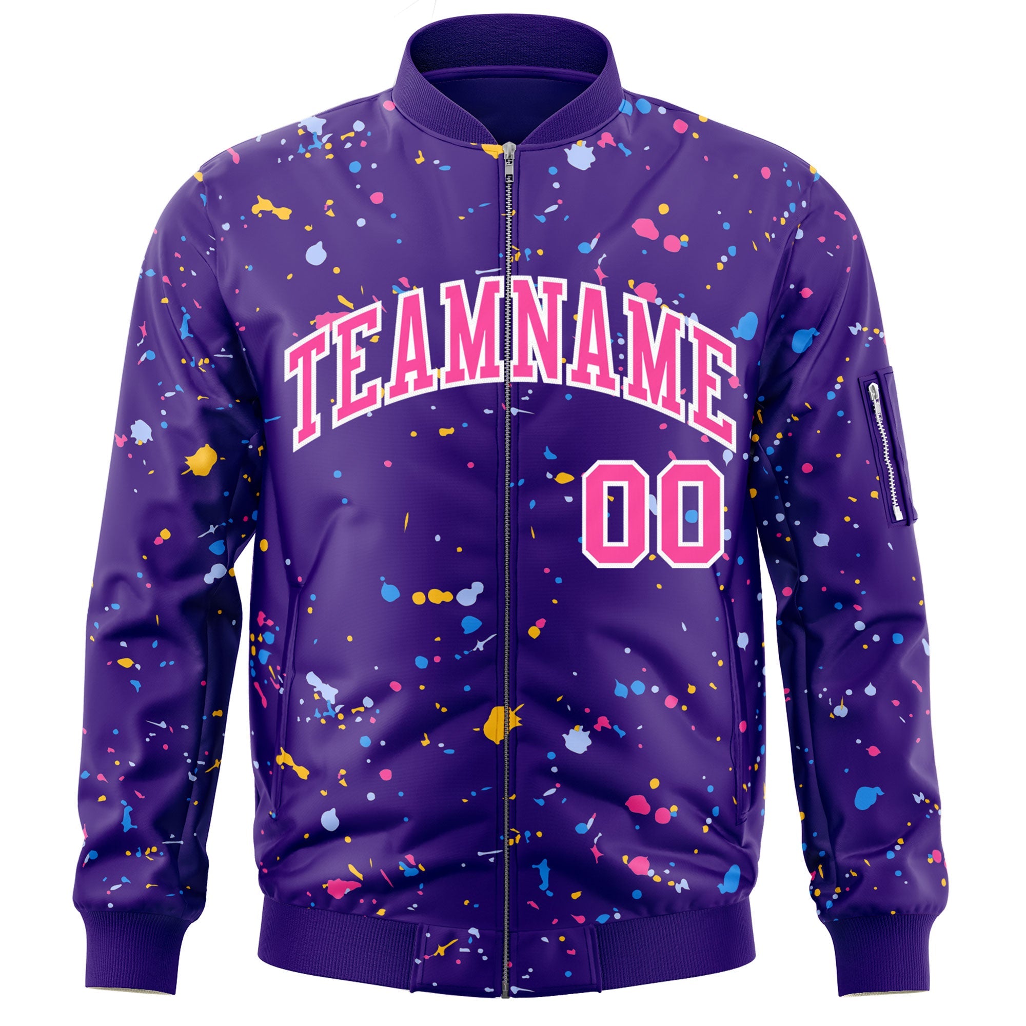 Custom Purple Pink-White Varsity Full-Zip Splash Graffiti Pattern Letterman Jacket