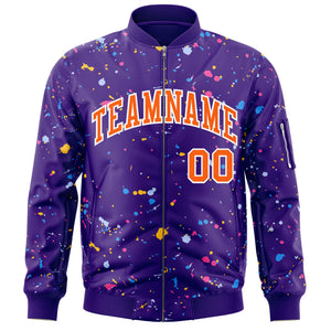 Custom Purple Orange-White Varsity Full-Zip Splash Graffiti Pattern Letterman Jacket