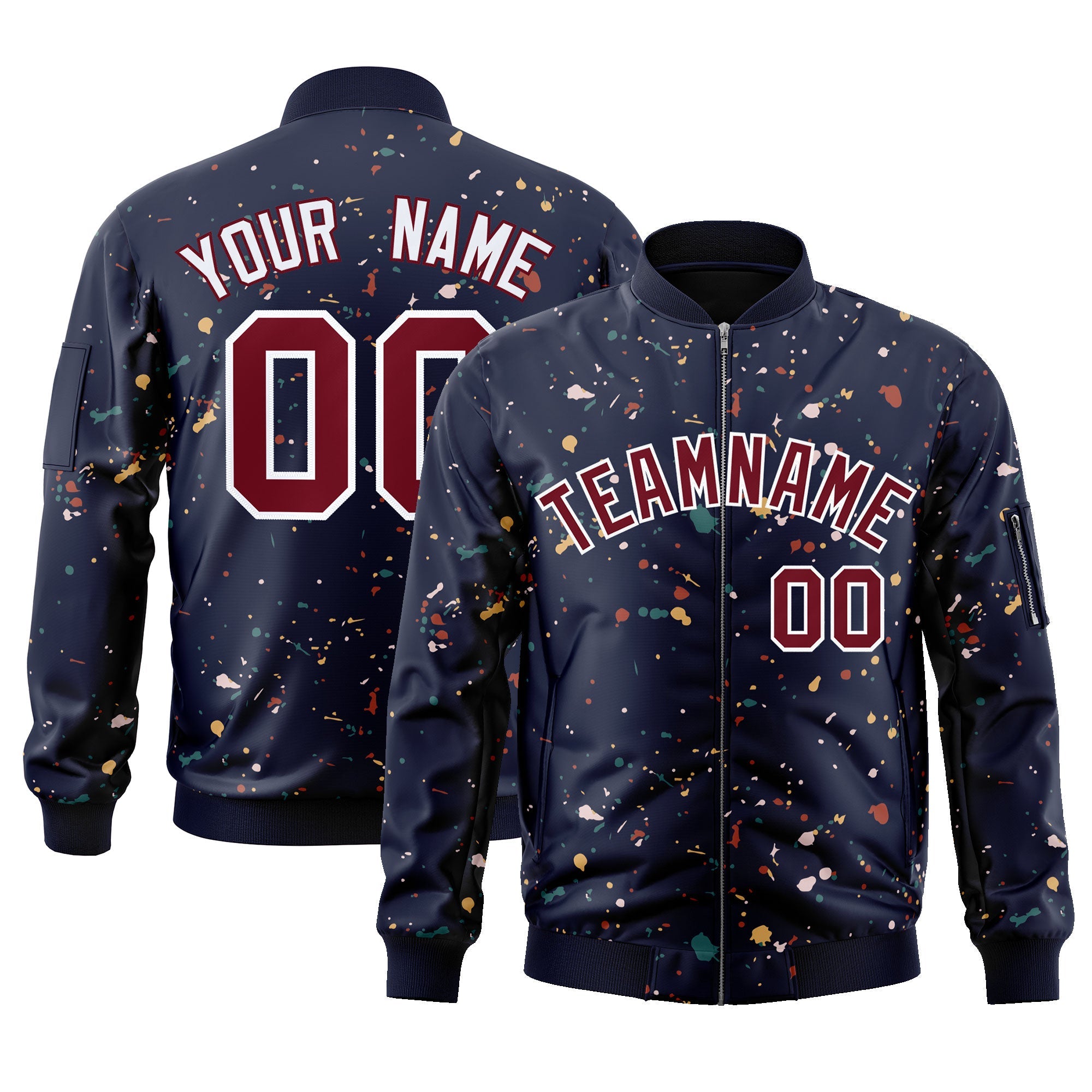 Custom Navy Crimson-White Varsity Full-Zip Splash Graffiti Pattern Letterman Jacket