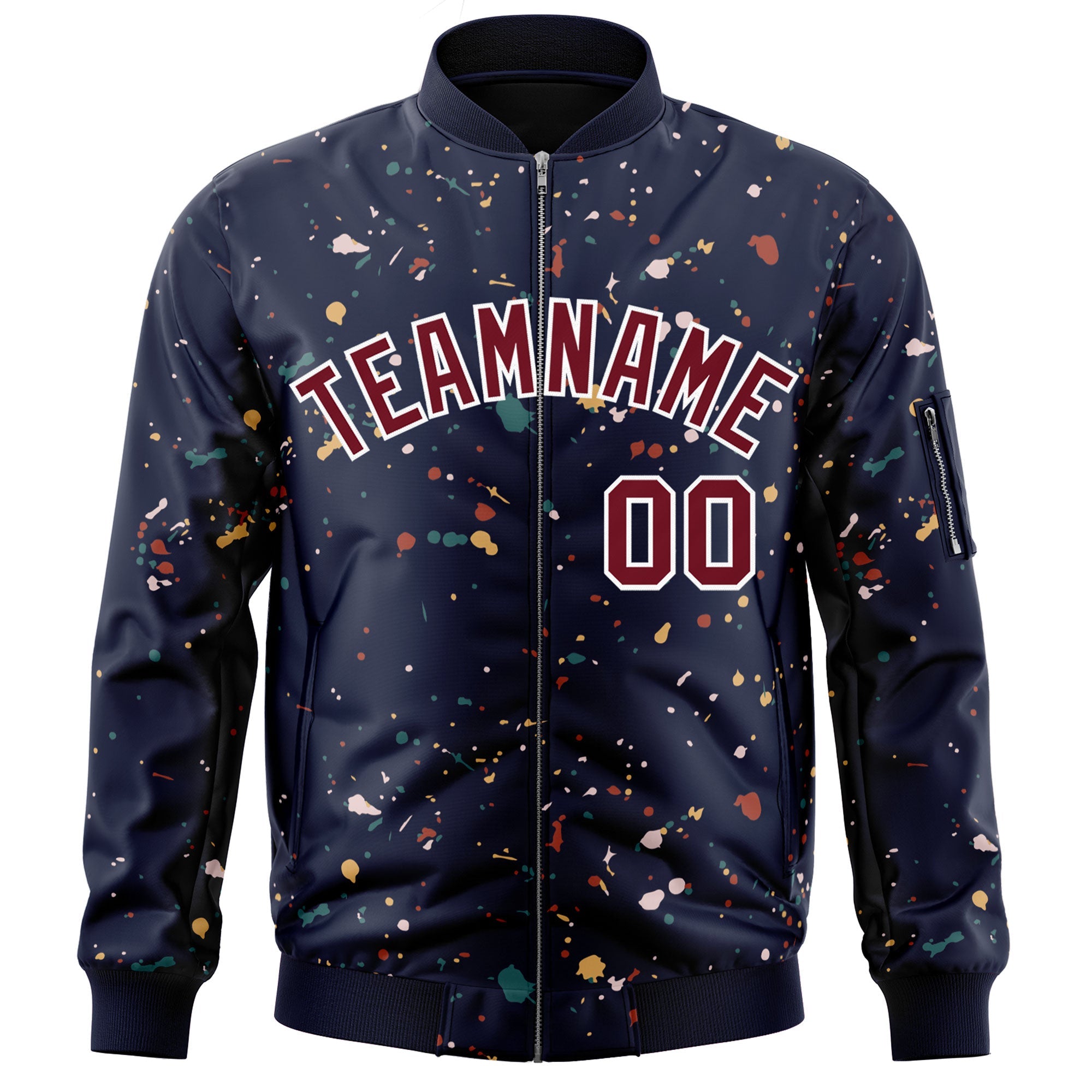 Custom Navy Crimson-White Varsity Full-Zip Splash Graffiti Pattern Letterman Jacket