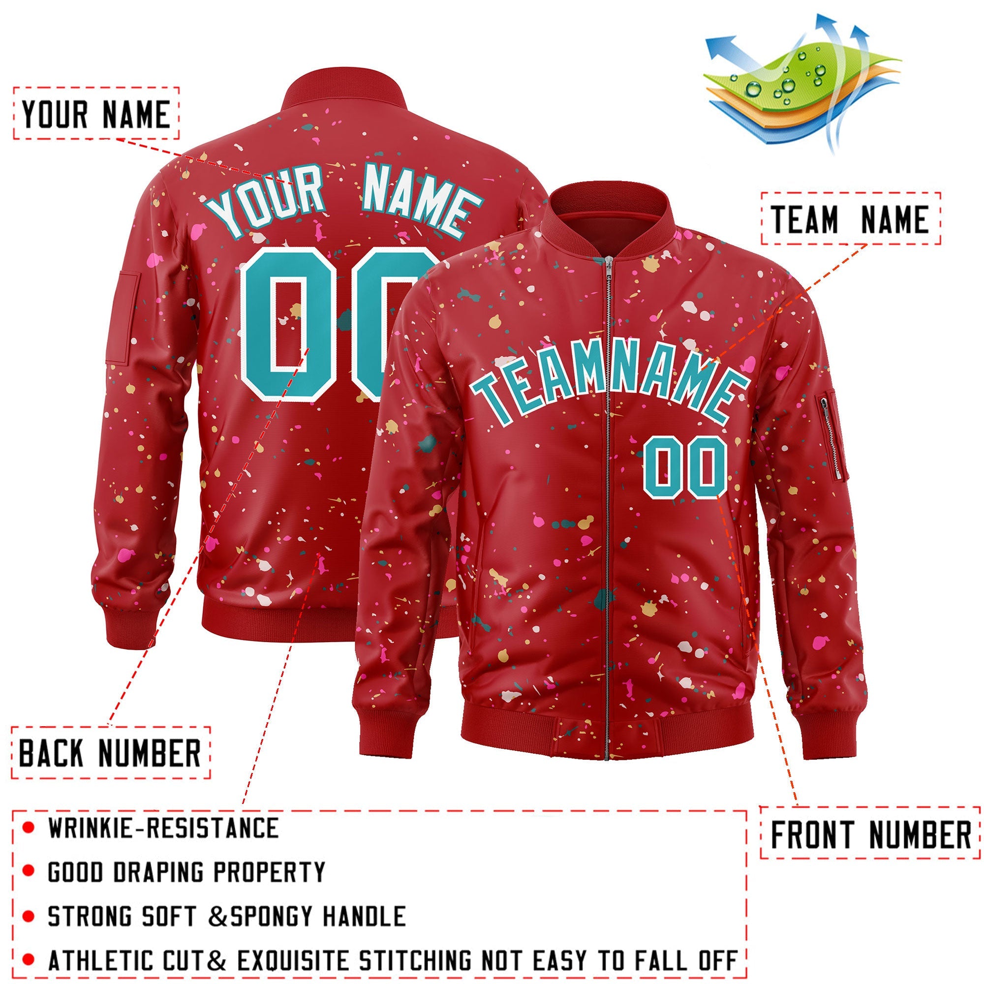 Custom Red Aqua-White Varsity Full-Zip Splash Graffiti Pattern Letterman Jacket