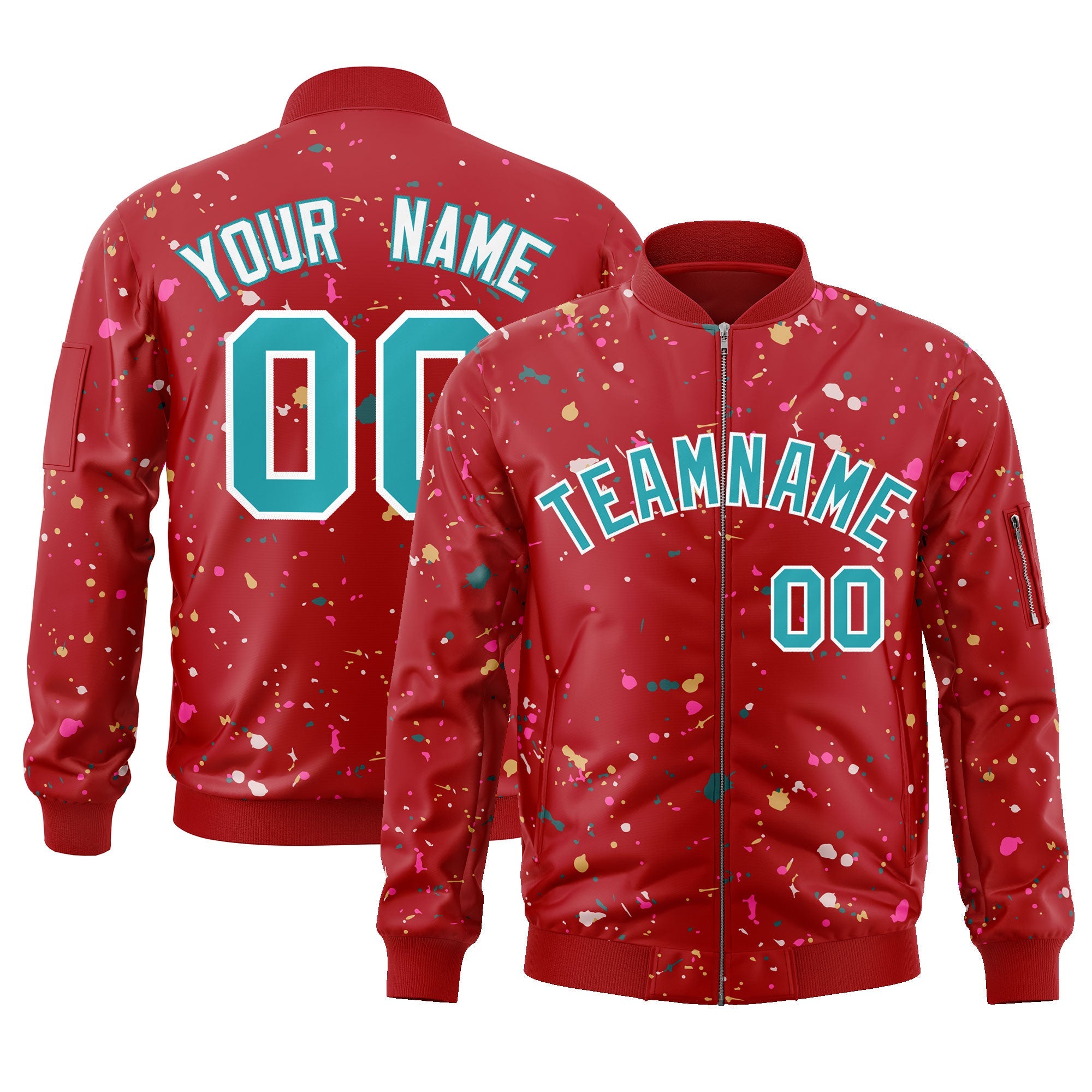 Custom Red Aqua-White Varsity Full-Zip Splash Graffiti Pattern Letterman Jacket