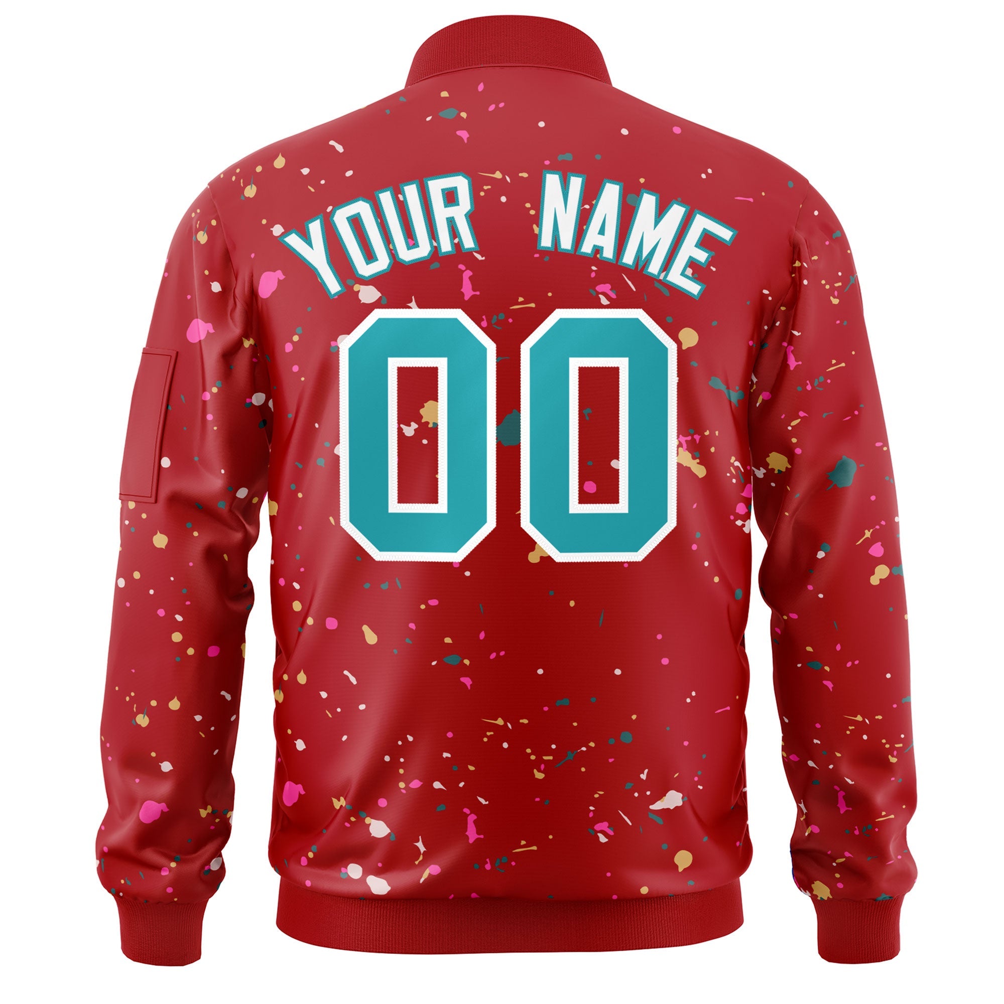 Custom Red Aqua-White Varsity Full-Zip Splash Graffiti Pattern Letterman Jacket