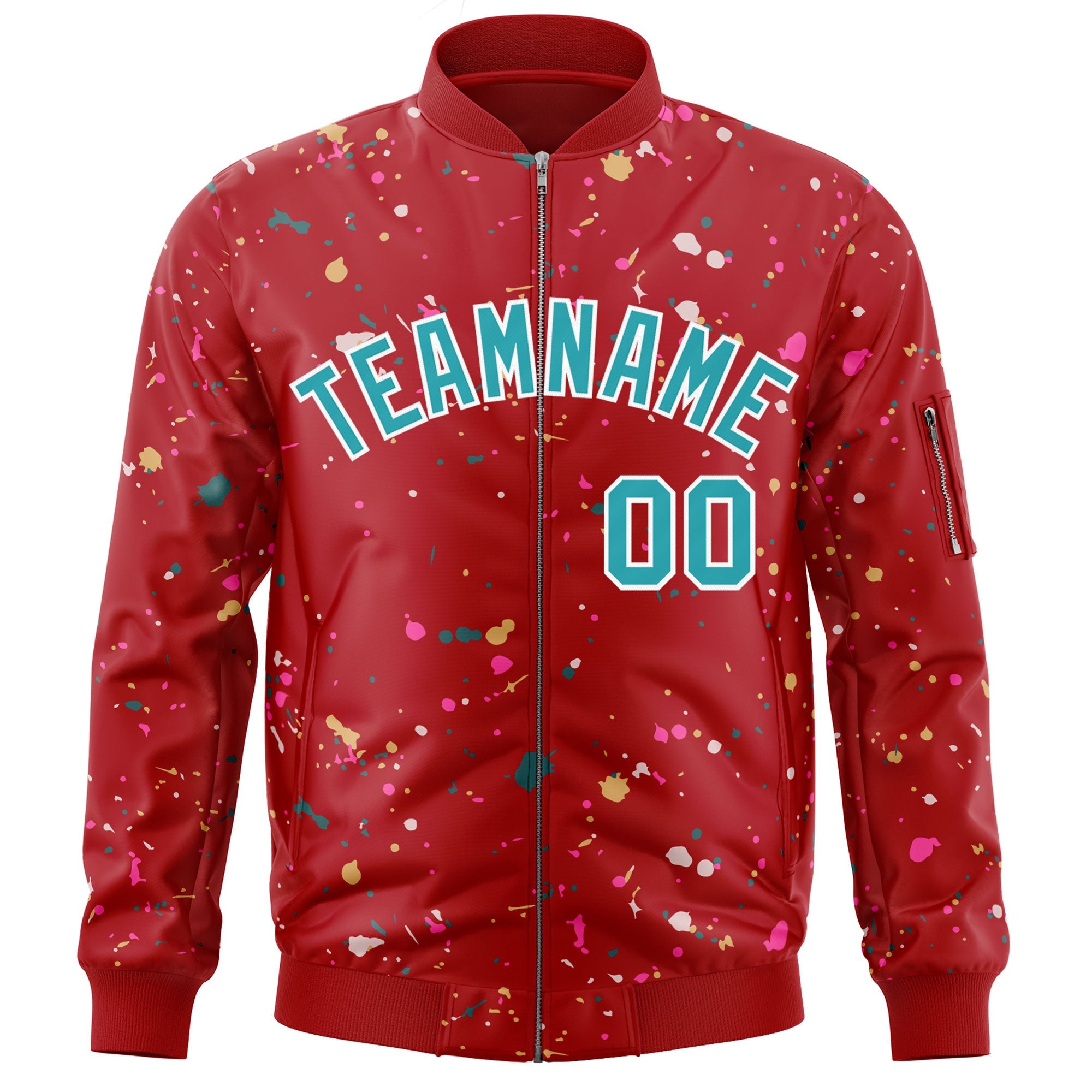 Custom Red Aqua-White Varsity Full-Zip Splash Graffiti Pattern Letterman Jacket