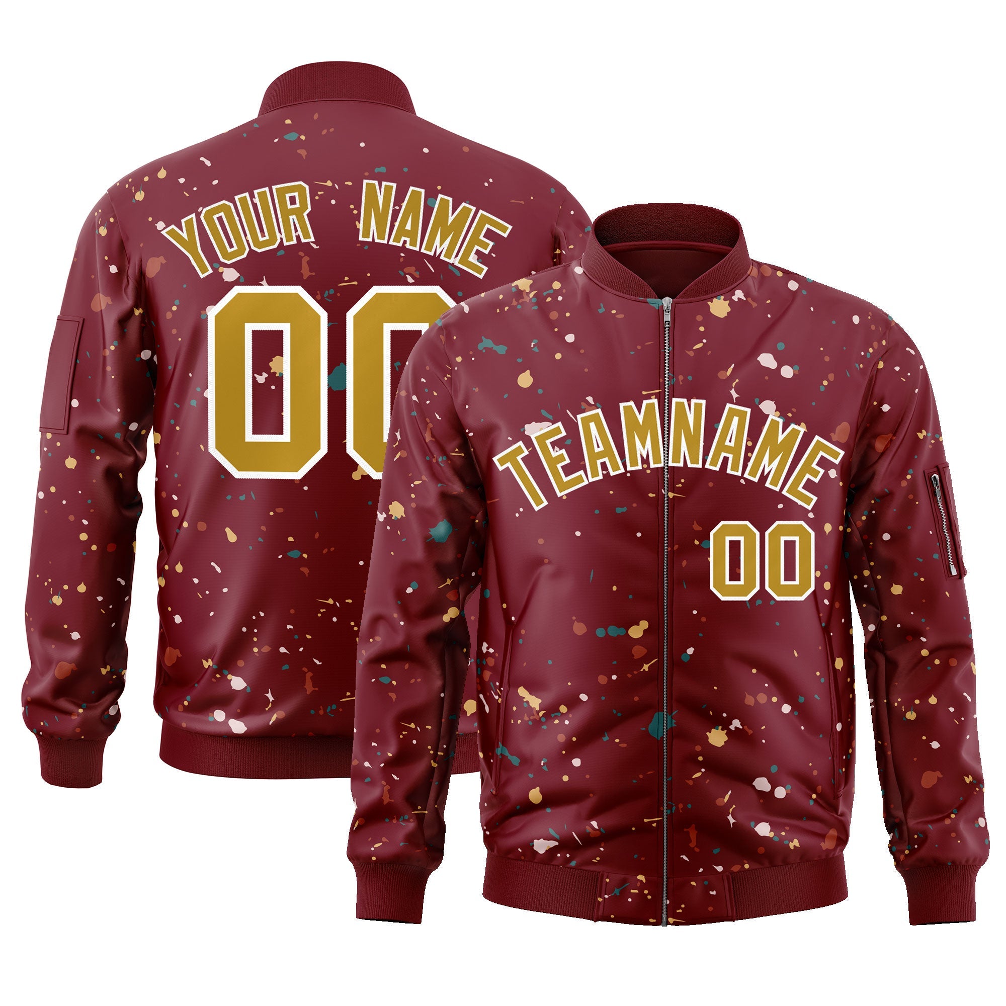 Custom Crimson Old Gold-White Varsity Full-Zip Splash Graffiti Pattern Letterman Jacket