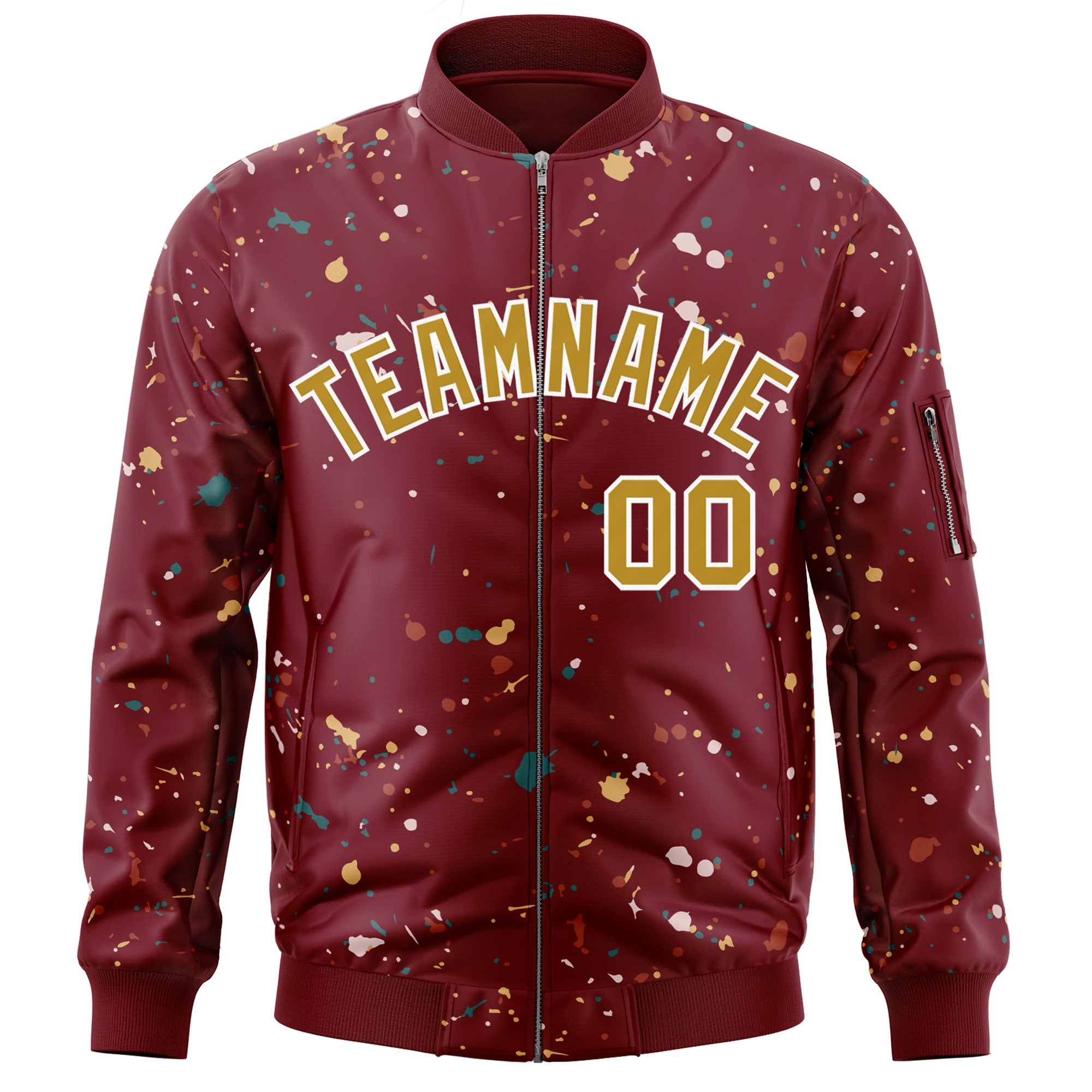 Custom Crimson Old Gold-White Varsity Full-Zip Splash Graffiti Pattern Letterman Jacket